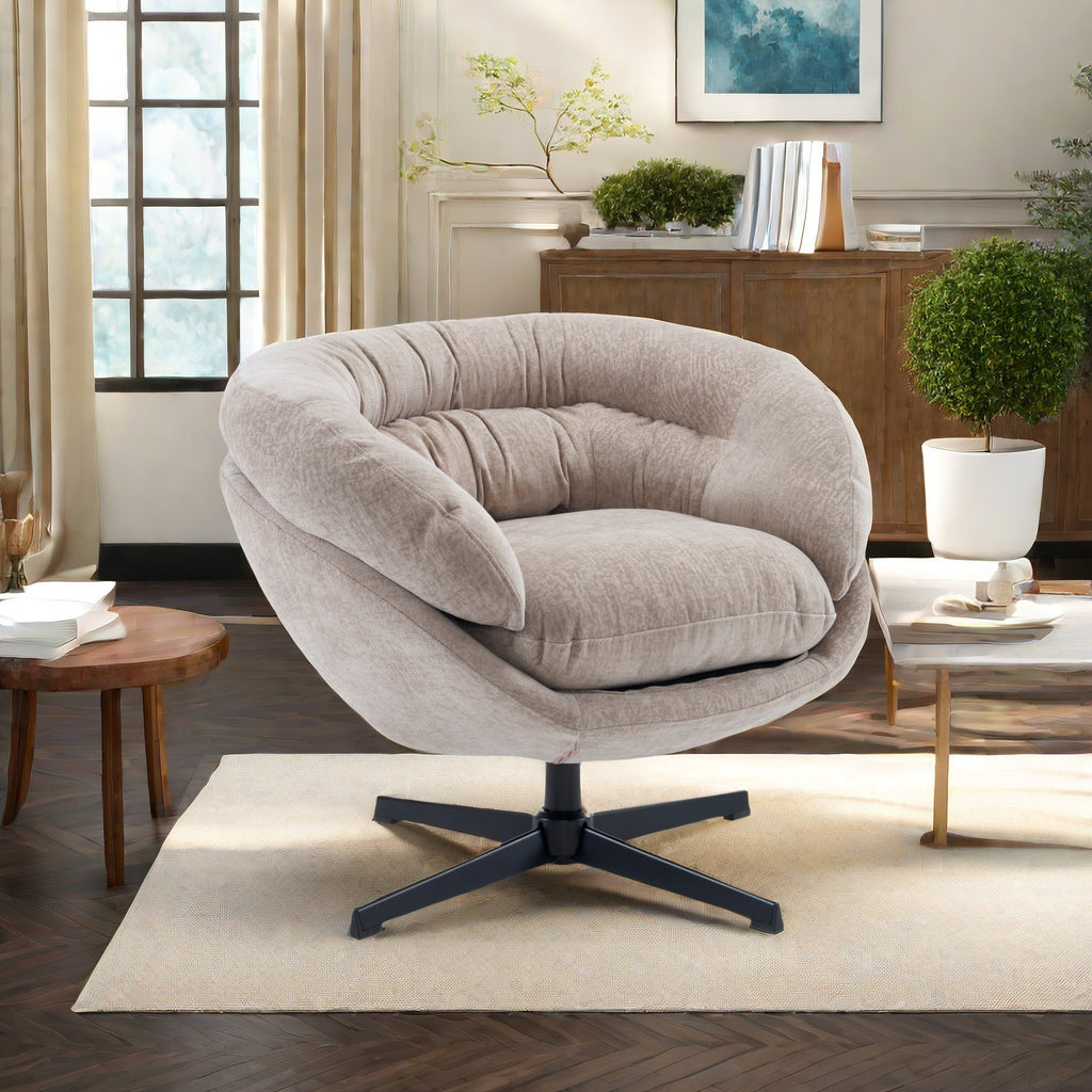 Modern Chenille Office Chair, 360° Swivel Club Chair/Accent Chair with Removable Cushion, Round Office Chair, Black Metal Base, Cotton Material, Living Room, Bedroom, Reading Corner, Office (Brown)