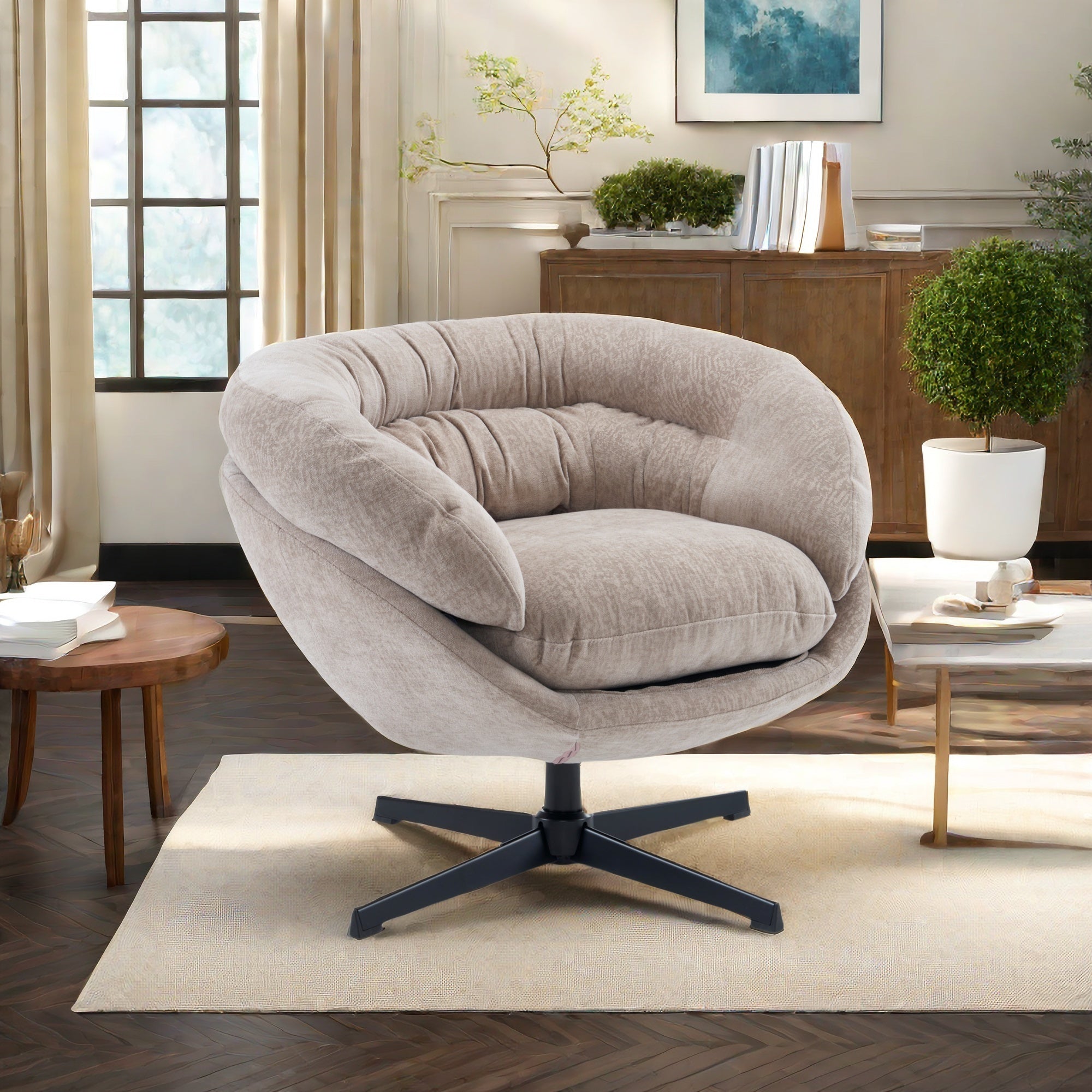 Modern Chenille Office Chair, 360° Swivel Club Chair/Accent Chair with Removable Cushion, Round Office Chair, Black Metal Base, Cotton Material, Living Room, Bedroom, Reading Corner, Office (Brown)