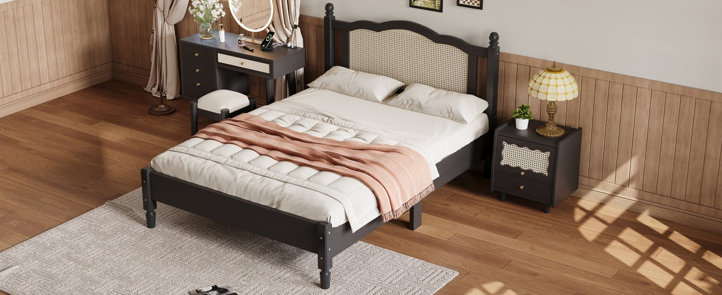 3 Pieces Bedroom Set with Full Size Wooden Bed Frame, 1 Vintage  Nightstand and 1 Makeup Vanity Set with Stool,Black