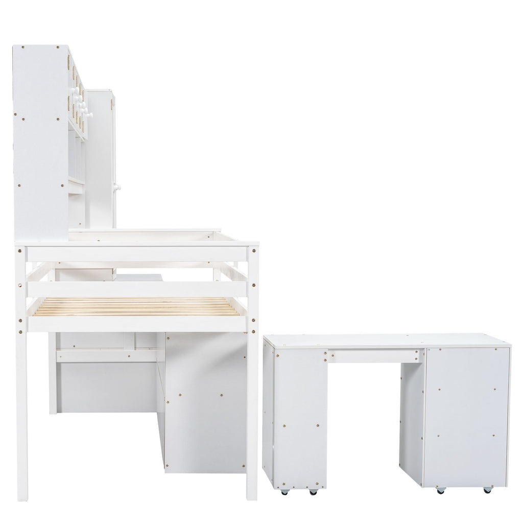 Twin Size Wooden Loft Bed Big Storage with Under-bed Desk, with Drawers, with Shelves, White
