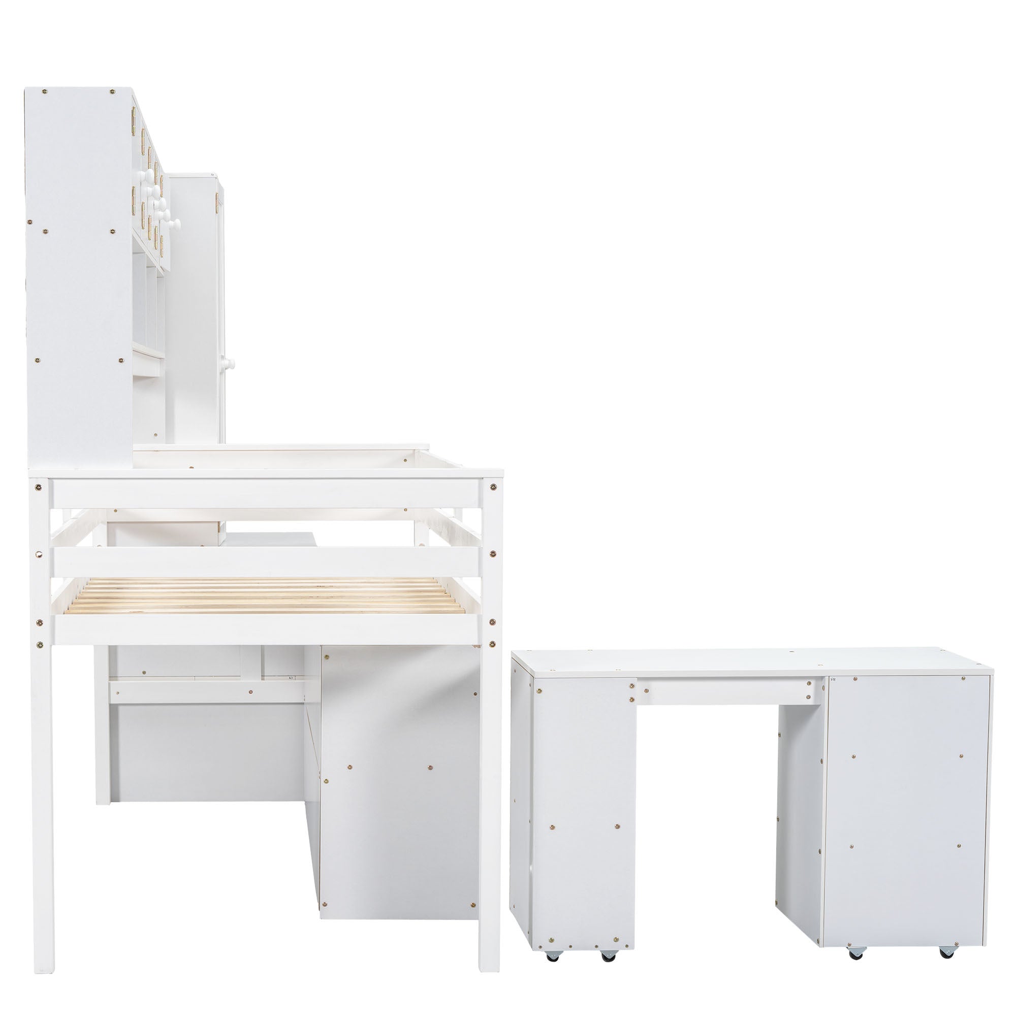 Twin Size Wooden Loft Bed Big Storage with Under-bed Desk, with Drawers, with Shelves, White