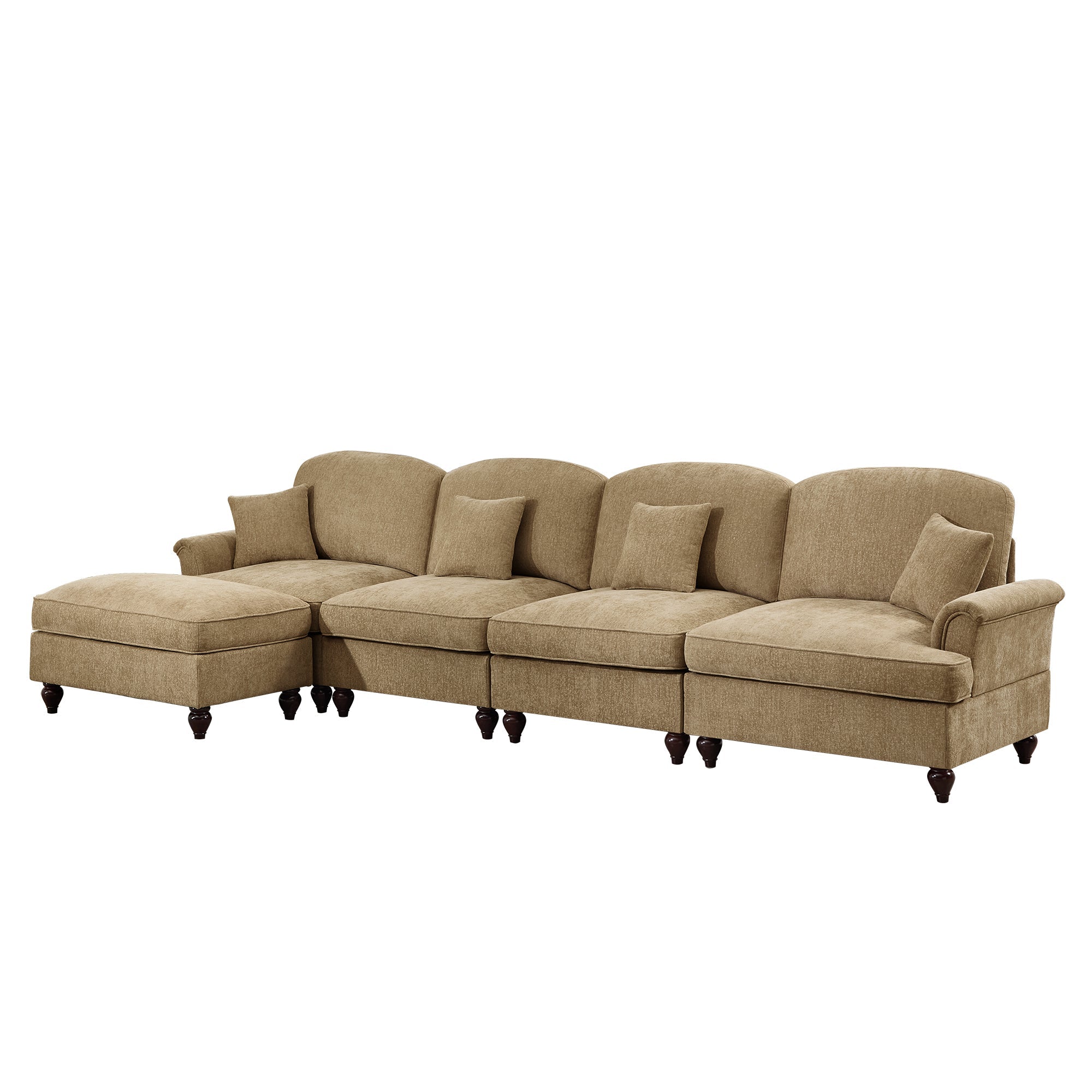 Classic Three Seater Modular L Shaped Sectional Couch with Flared Arms and Removable Ruffles Pleats Skirts and Spindle Legs, Comfy Chenille Four-Seat Deep Seat Sofa with Movable Ottoman, Light Coffee