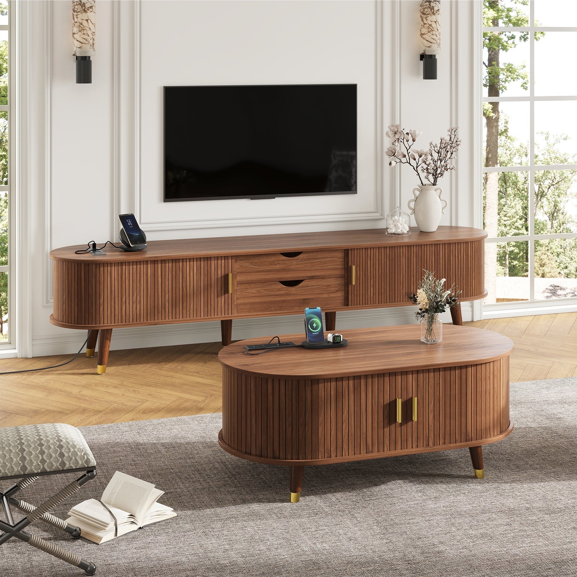 Wooden Farmhouse TV Stand & Coffee Table Set with Charging Station, Oval Fluted Media Console with Sliding Doors for TVs up to 80', Mid-Century Center Table with Solid Wood Legs for Living Room,Walnut