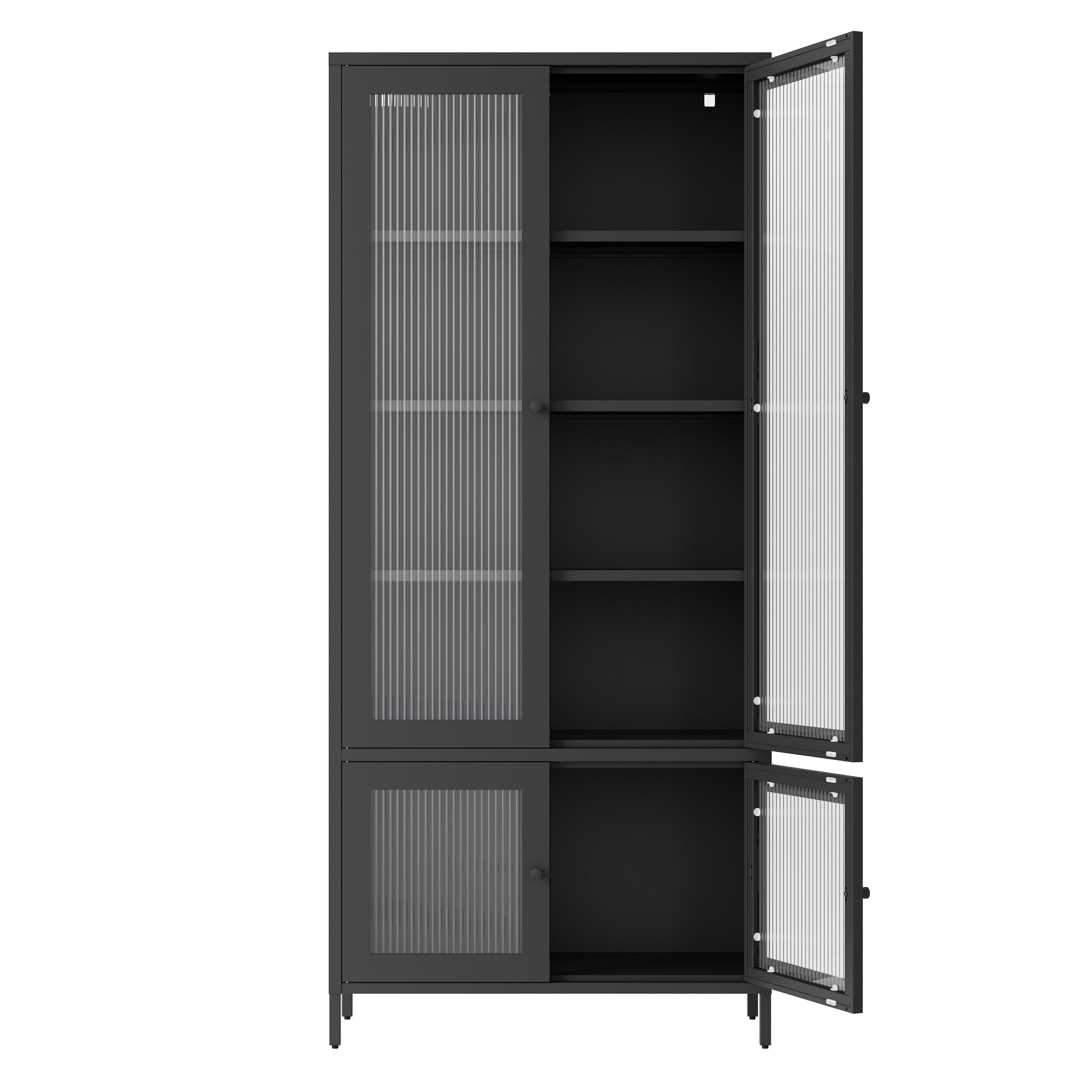 Large Metal Storage Cabinet Display Cabinet with 4 Glass Doors 5 Shelves Side Cabinet Bookcase Freestanding Cabinet for Bedroom Living Room Pantry Home Office - Black, Fluted Tempered Glass