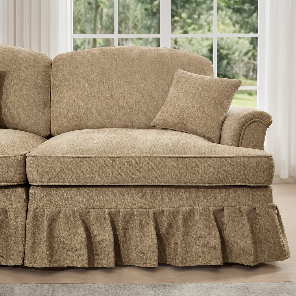 Classic Three Seater Modular L Shaped Sectional Couch with Flared Arms and Removable Ruffles Pleats Skirts and Spindle Legs, Comfy Chenille Four-Seat Deep Seat Sofa with Movable Ottoman, Light Coffee