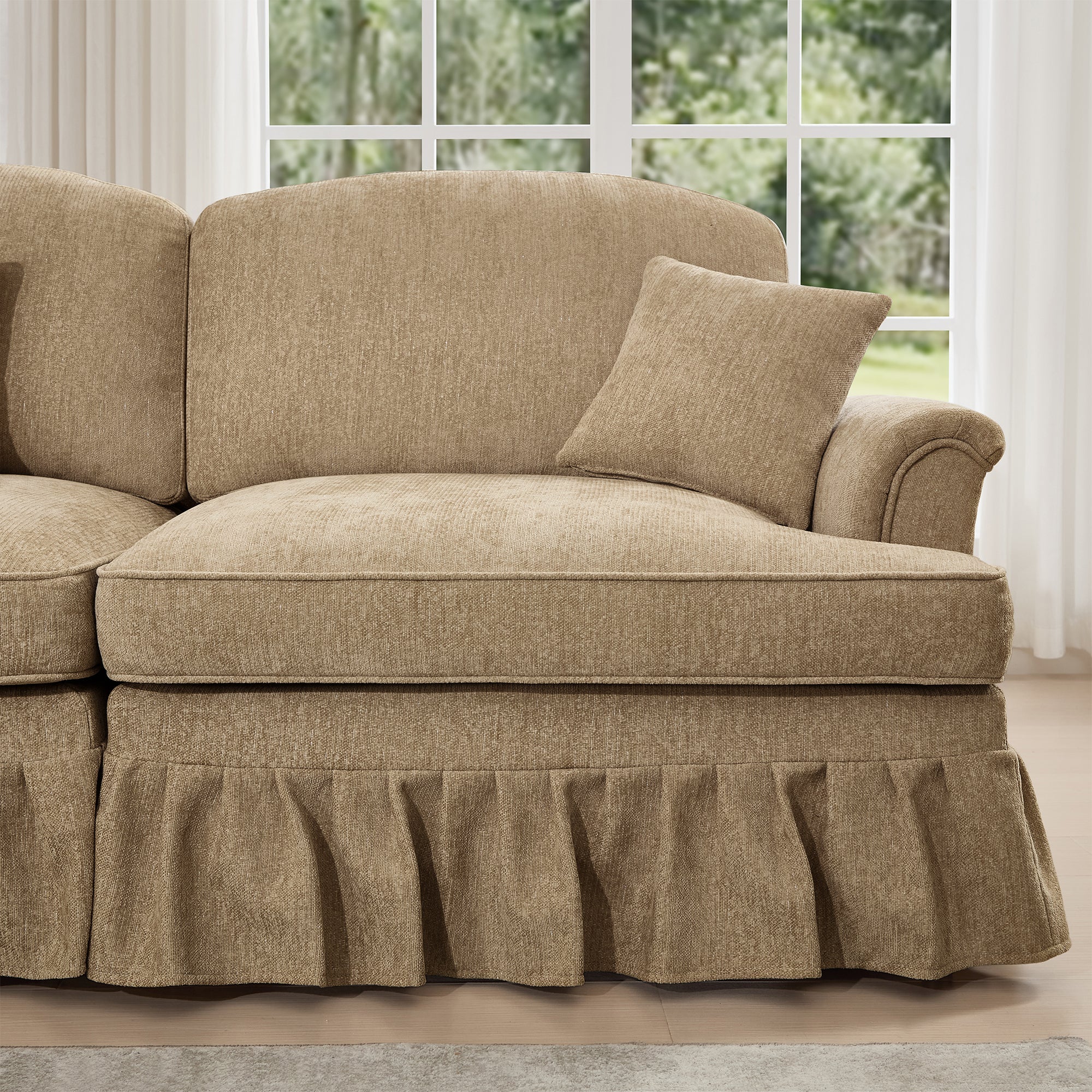 Classic 2 Piece Modular Couch Living Room Sofa Set with Flared Arms and Removable Ruffles Pleats Skirts and Spindle Legs, 3 Seater Sofa + 2-Seat Loveseat Sofa Sets for Living Room, Light Coffee