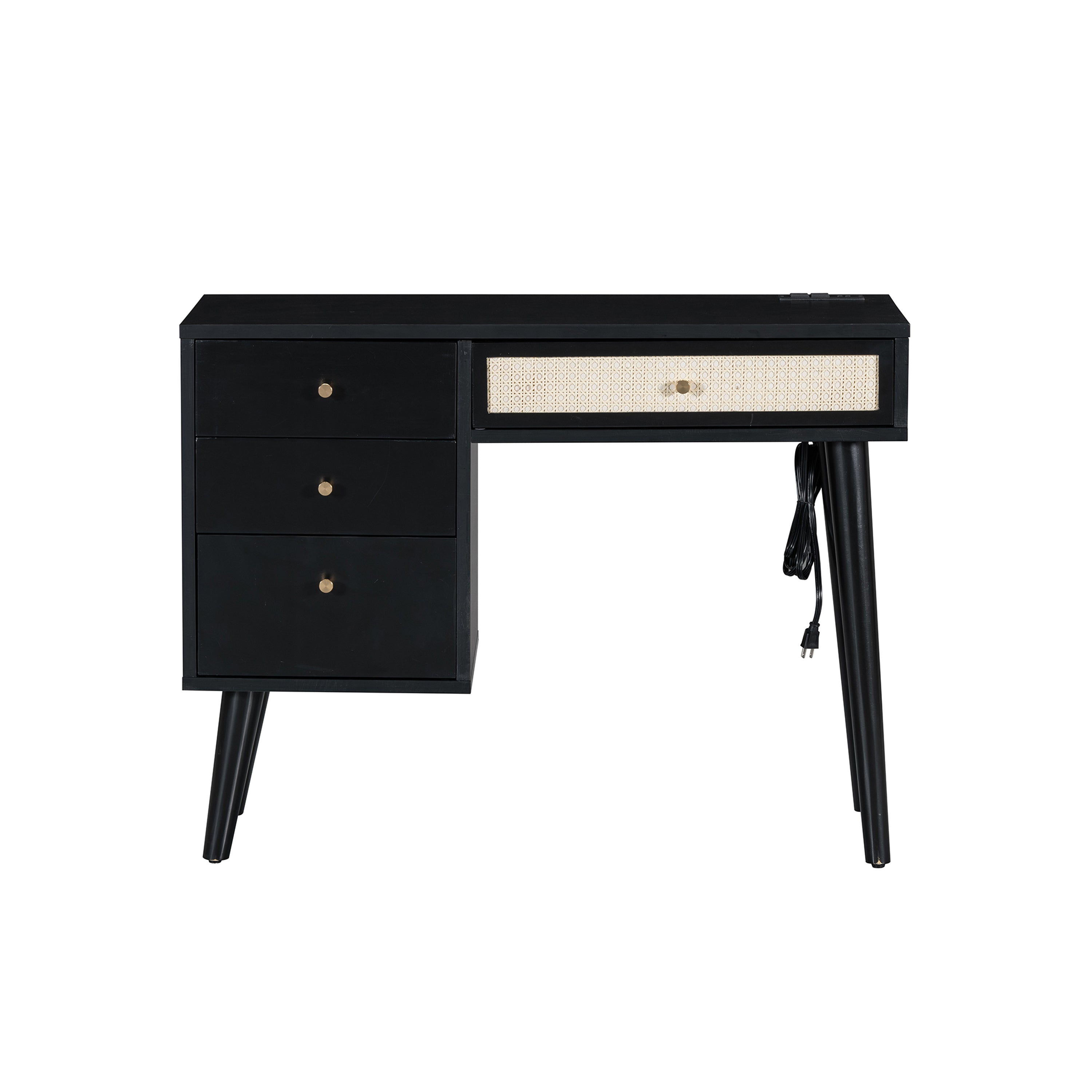 3 Pieces Bedroom Set with Full Size Wooden Bed Frame, 1 Vintage  Nightstand and 1 Makeup Vanity Set with Stool,Black