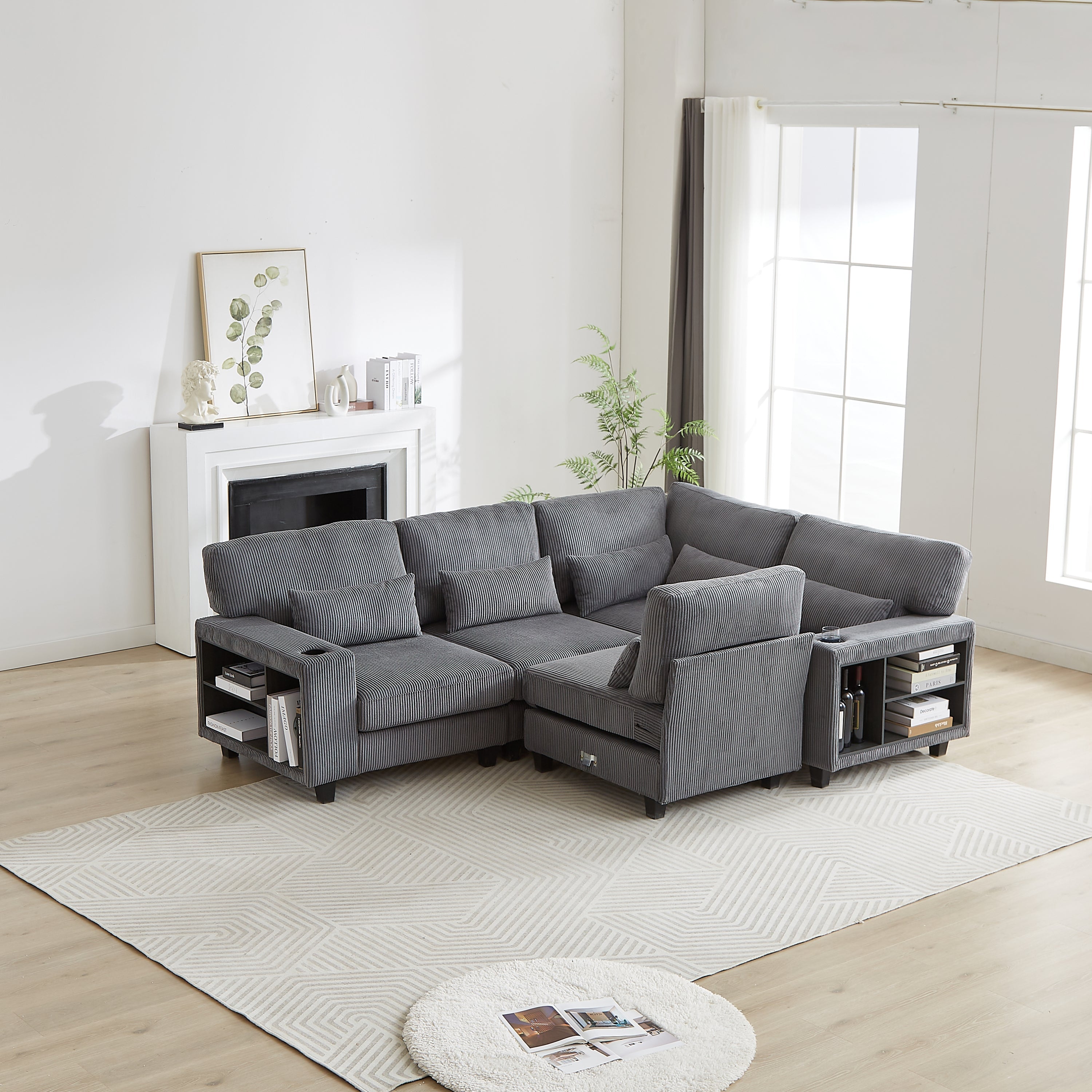102.75*102.75' L-Shaped Modular Sectional Sofa, Modern Corduroy Sectional Sofa, Arm with Storage With Cup Holder 5-Seat Convertible Sectional Sofa for Living Room, Bedroom, Lounge and Projection Room