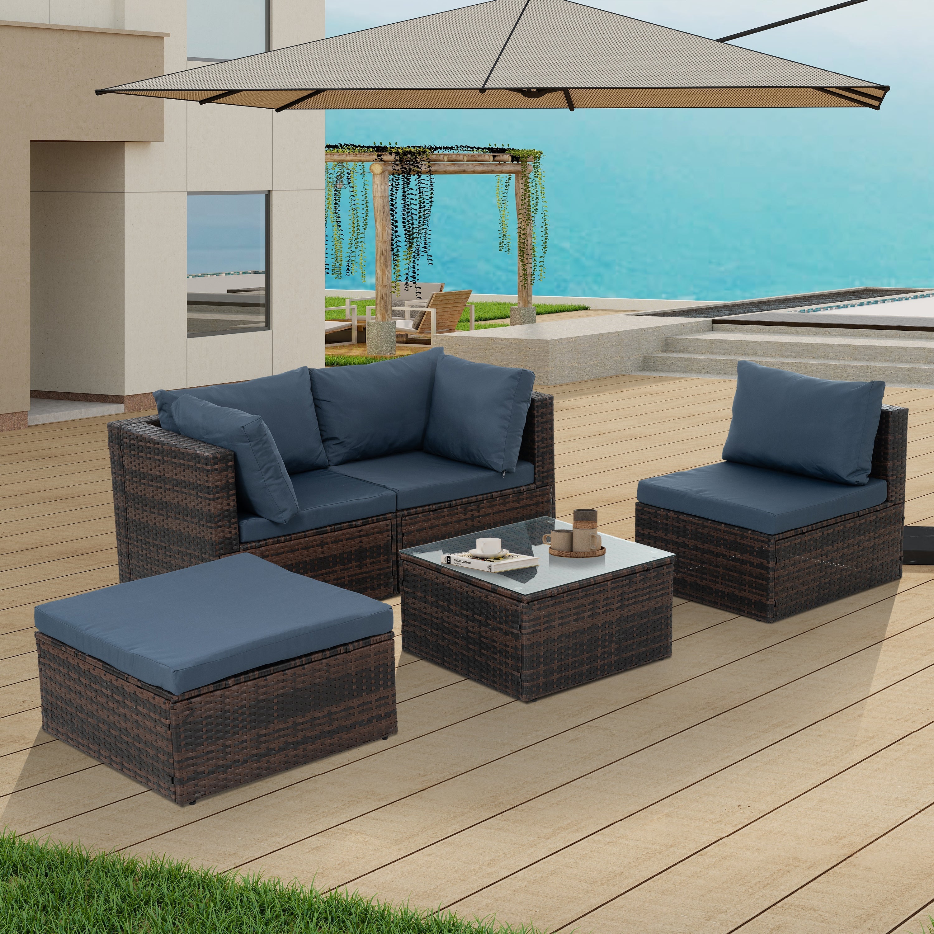 Patio Furniture, Outdoor Furniture, Seasonal PE Wicker Furniture, 5 Set Wicker Furniture With Tempered Glass Coffee Table