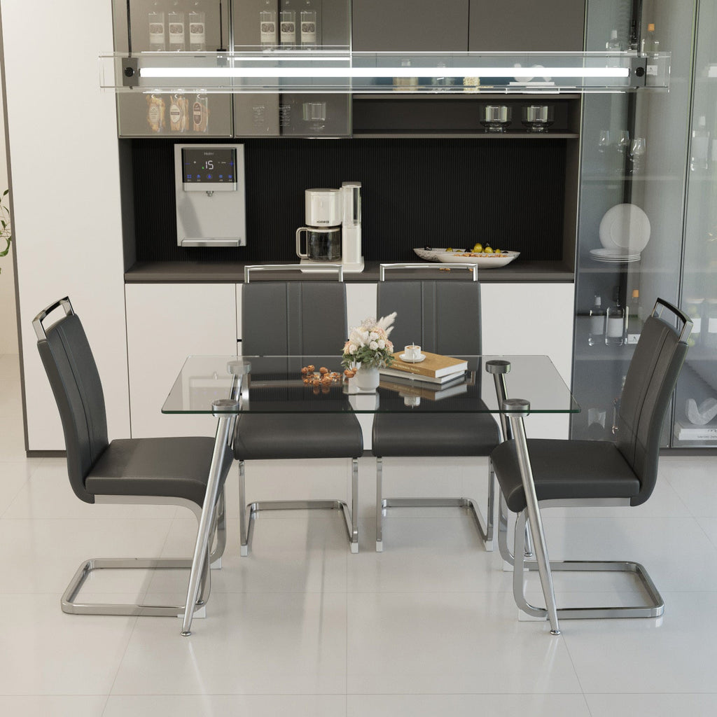 Glass Dining Table, Modern Rectangular Table with Tempered Glass Tabletop & Sliver metal Legs, Simplistic Kitchen Table, Versatile Table for Home Office (0 damage)