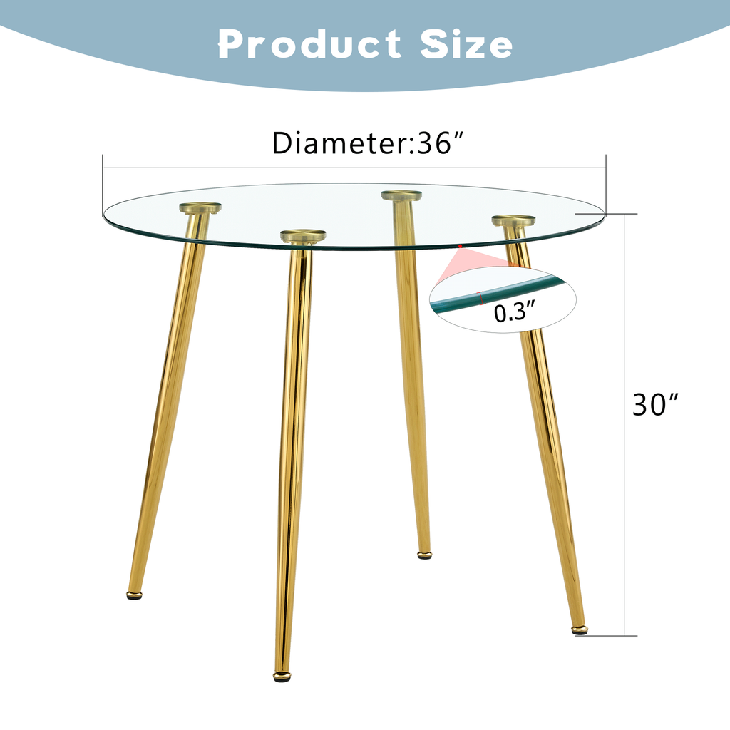 Round dining table with glass top, gilded metal legs, exquisite living, starting from the details, the gold legs show an extraordinary texture, which is the finishing touch to your home.36*36