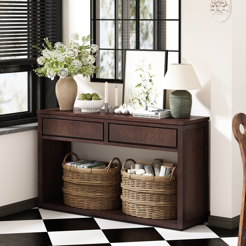 TREXM 55' Console Table, Rustic Wooden Entryway Table with Storage Drawers and Open Shelf, Elegant Sofa Table for Hallway and Living Room (Espresso)