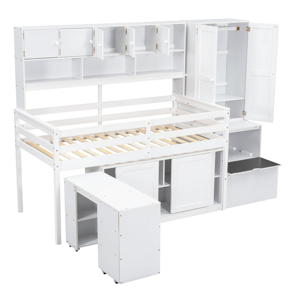 Twin Size Wooden Loft Bed Big Storage with Under-bed Desk, with Drawers, with Shelves, White
