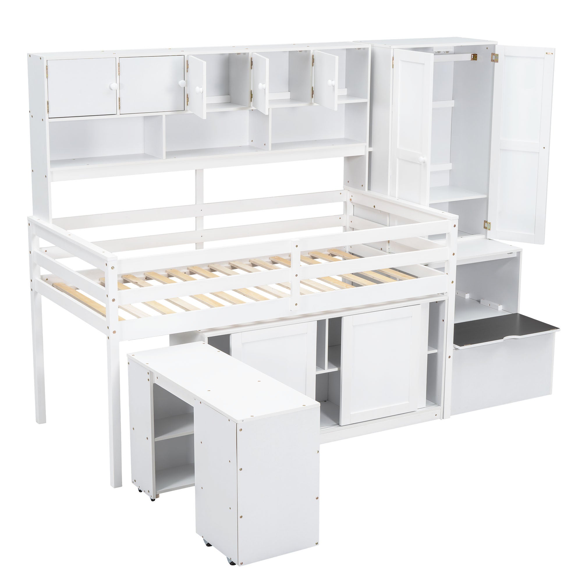 Twin Size Wooden Loft Bed Big Storage with Under-bed Desk, with Drawers, with Shelves, White