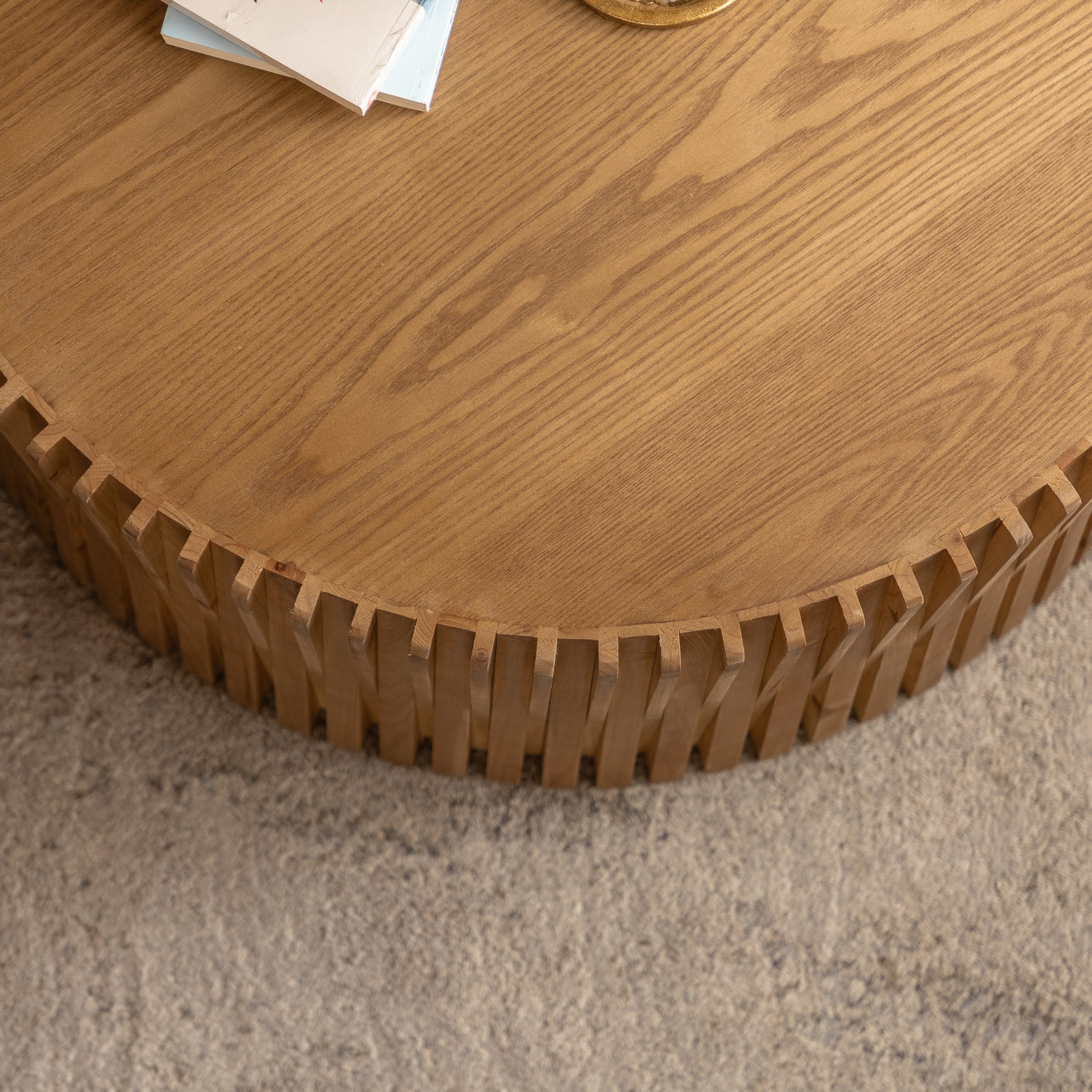 Vintage Fashion Style Cylindrical Nesting Coffee Table Set with Vertical Textured Embossed Design for Living Room, Office and Dining Room, Natural (Set of 2)
