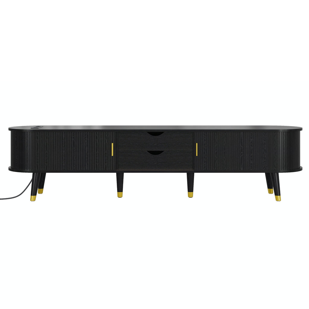 Wooden Oval Fluted TV Stand with Charging Station for TV up to 80', Mid-Century Media Console with Sliding Tambour Door, Farmhouse TV Cabinet with Golden Handle for Living Room, Black