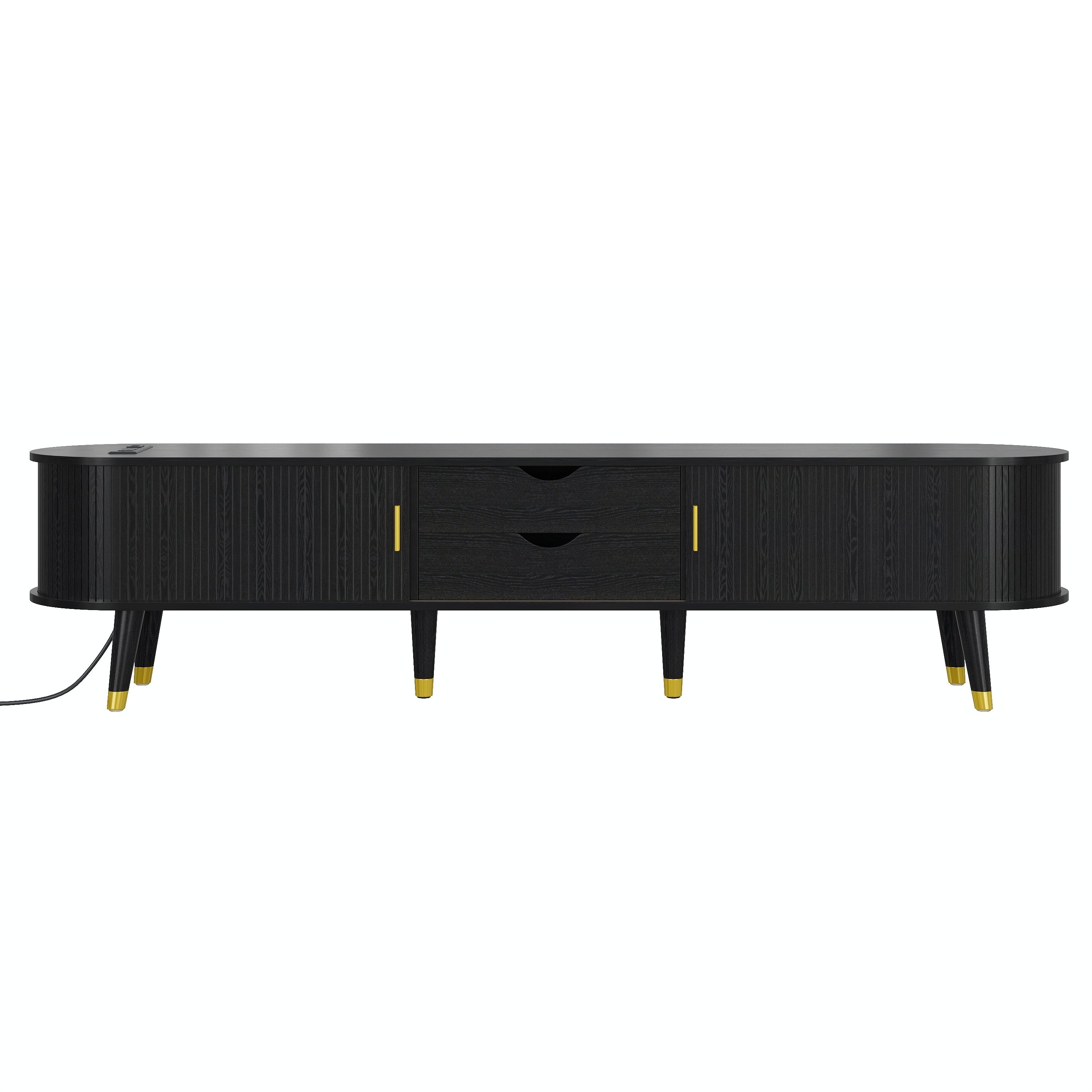 Wooden Oval Fluted TV Stand with Charging Station for TV up to 80', Mid-Century Media Console with Sliding Tambour Door, Farmhouse TV Cabinet with Golden Handle for Living Room, Black