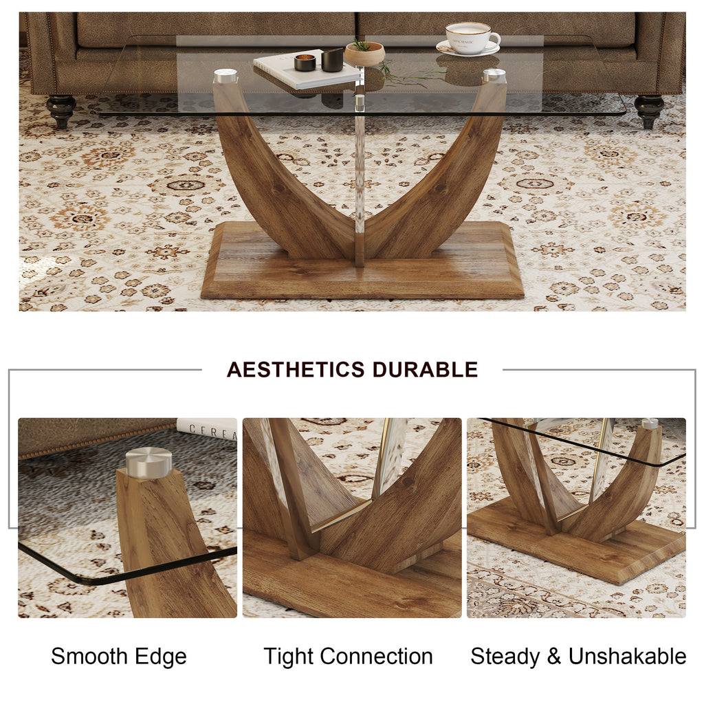 Modern minimalist transparent tempered glass coffee table with wooden MDF legs and stainless steel decorative columns. Computer desk. Game table. CT-907