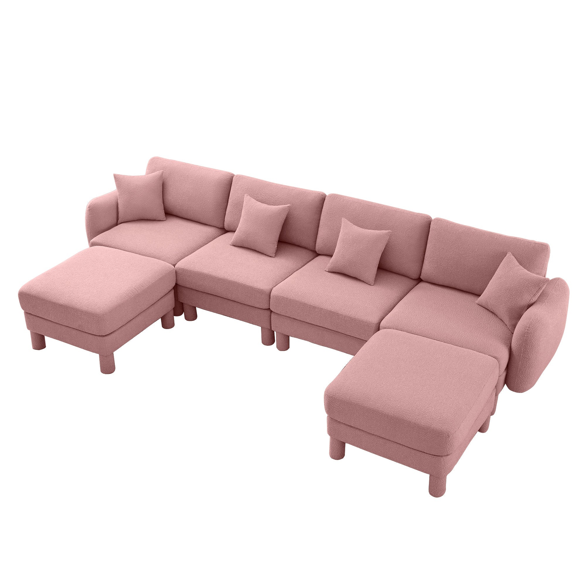 Boucle Fabric U Shape Sectional 4-seater Sofa Couch With Distinctive Shell-shaped Armrests And 2 Movable Ottomans,Cylindrical Legs Wrapped with Self-fabric,Pink Color