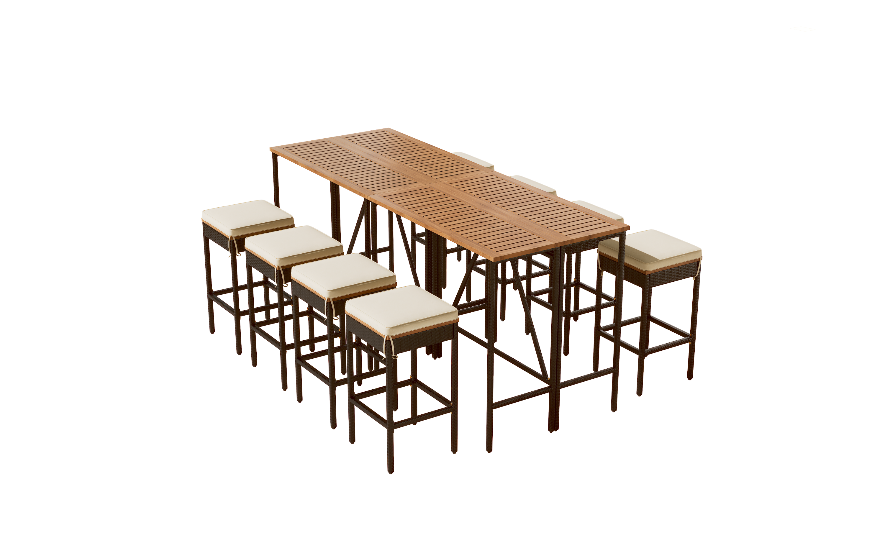 GO 10-Piece Outdoor Acacia Wood Bar Height Table And Eight Stools With Cushions, Garden PE Rattan Wicker Dining Table, Foldable Tabletop, High-Dining Bistro Set, All-Weather Patio Furniture, Brown