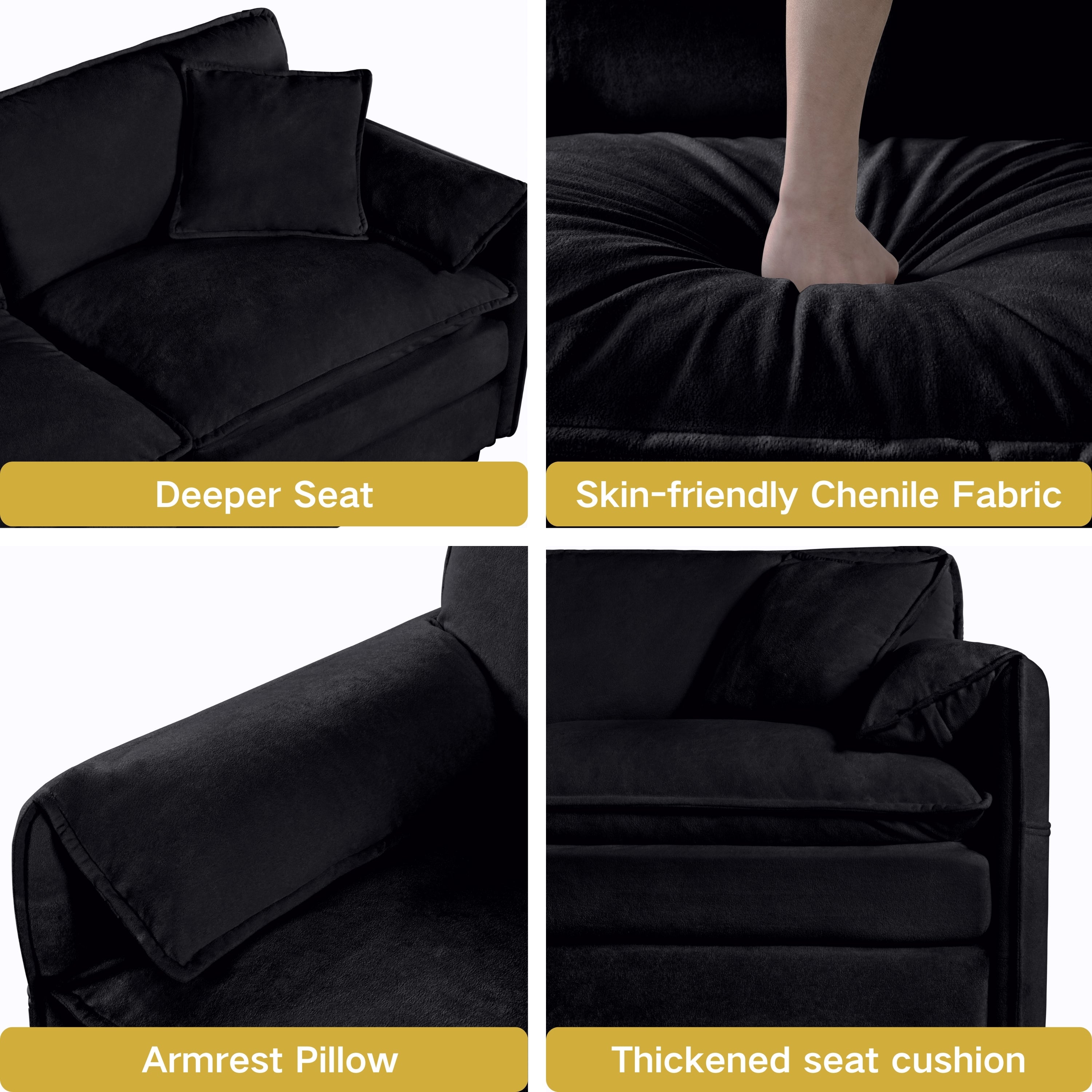 Modular Sectional Sofa, Oversized Deep Seat L Shaped Couch Set for Living Room, 3-Seater Comfy Cloud Couches with Movable Ottoman, DIY Combination, Chenille,Black