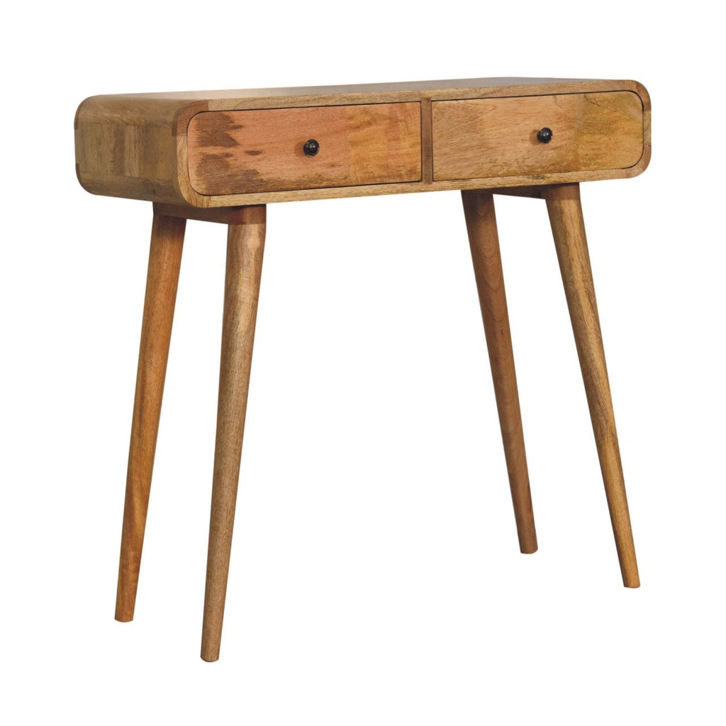 Solid Wood Oak-ish Curved Hallway Table, Artisan, 2-Drawers, Nordic Legs, Light Brown