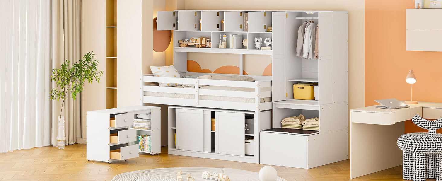 Twin Size Wooden Loft Bed Big Storage with Under-bed Desk, with Drawers, with Shelves, White