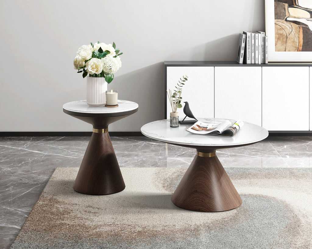 Luxury Living Room Furniture 1pc End Table White Sintered Stone Top Decorative Oak Finish Wood with Gold-Tone Metal Band Coffee Table