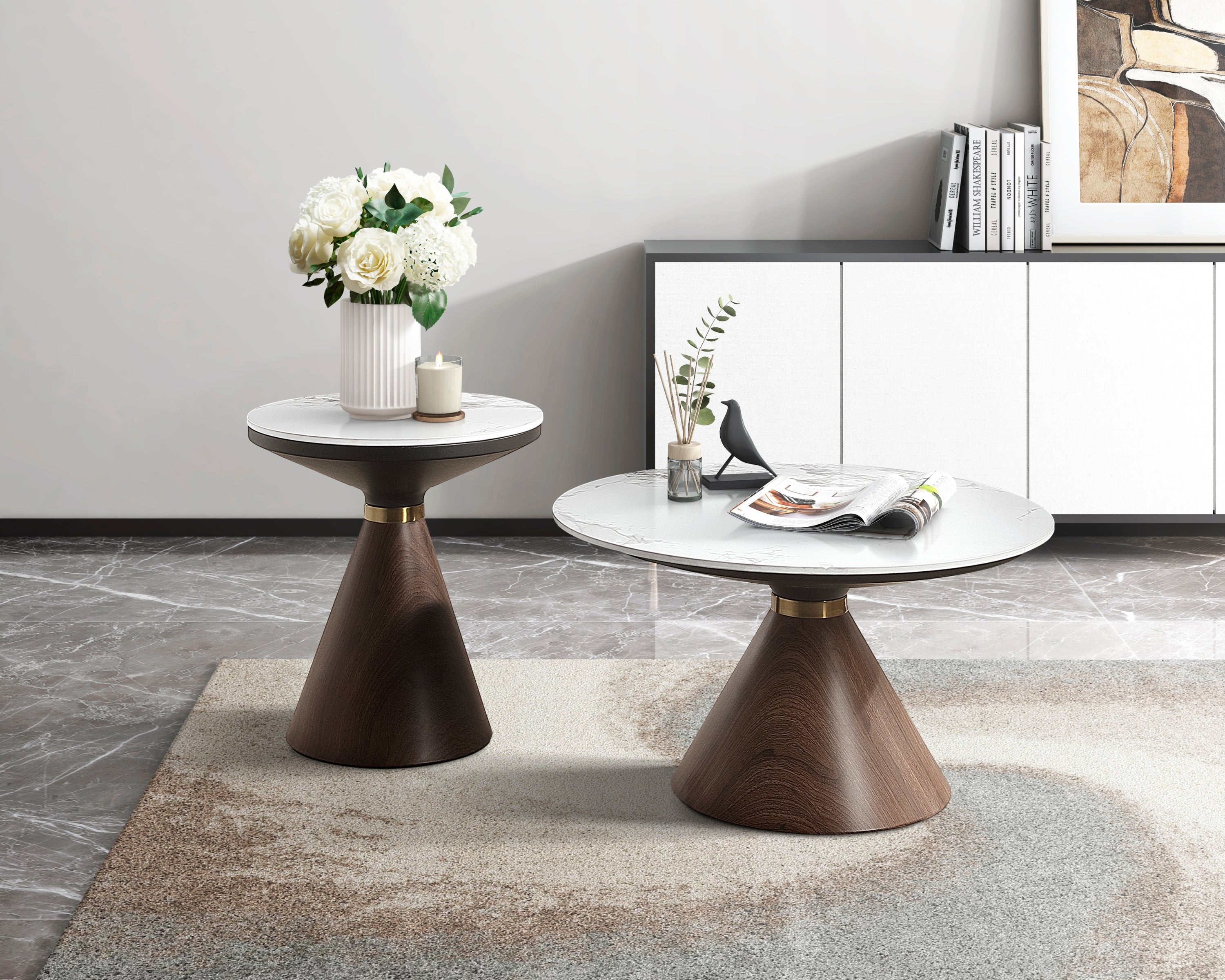Luxury Living Room Furniture 1pc End Table White Sintered Stone Top Decorative Oak Finish Wood with Gold-Tone Metal Band Coffee Table