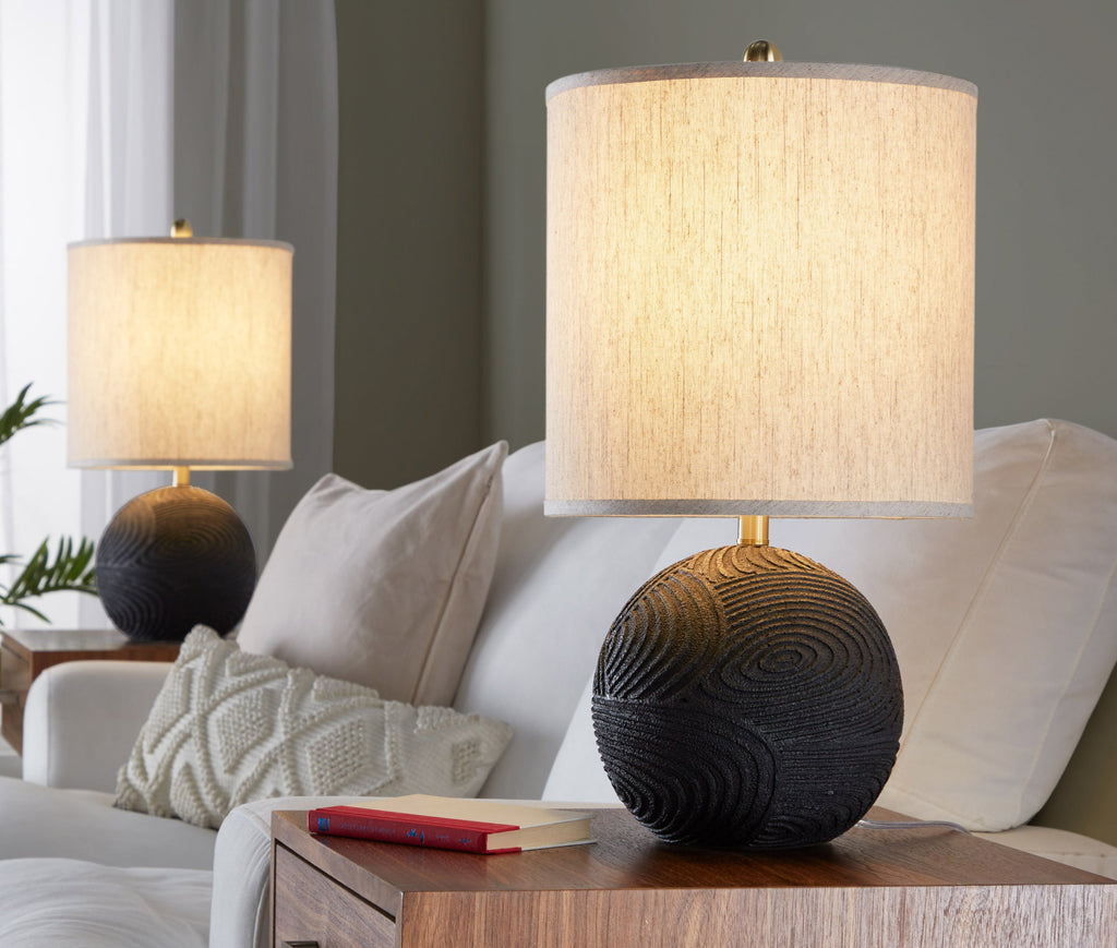 Kona 23' Contemporary Polyresin Table Lamp in Matte Black Polyresin, Modern Brass and Natural Linen Shade from Grandview Gallery by LumiSource - Set of 2