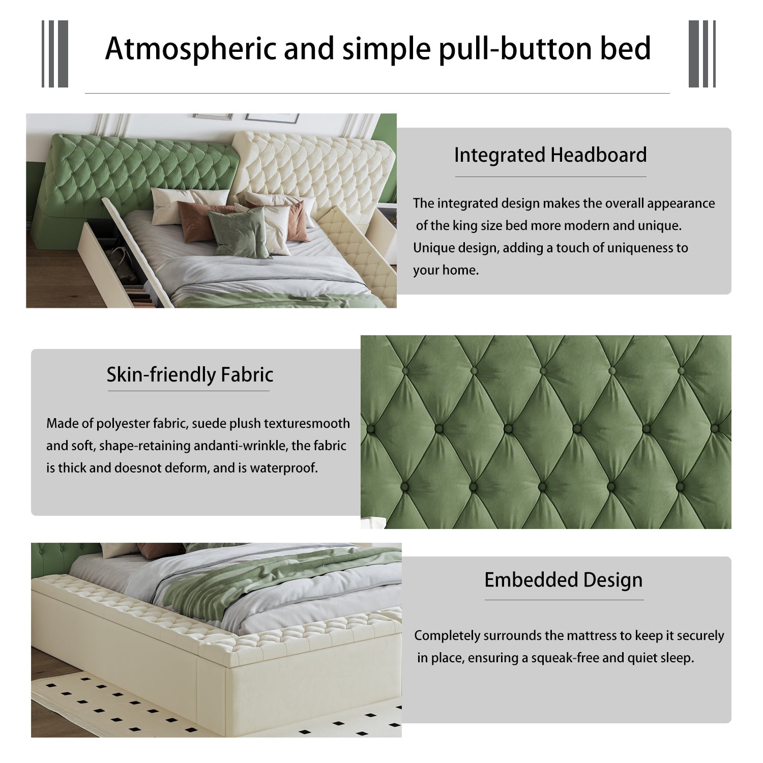 Contemporary Special-shaped Fully Upholstered Bed with Deep Button Tufting and Storage Compartments in Rails and Footboard,No Box Spring Needed,King,Green