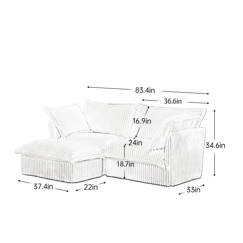 Slipcovered Sectional 2 Seater Sofa Couch with Convertible Ottoman, Wide and Deep Seat L Shaped Sofa with Detachable Cover and Soft Multiple Big Pillows,Gray Corduroy Fabric