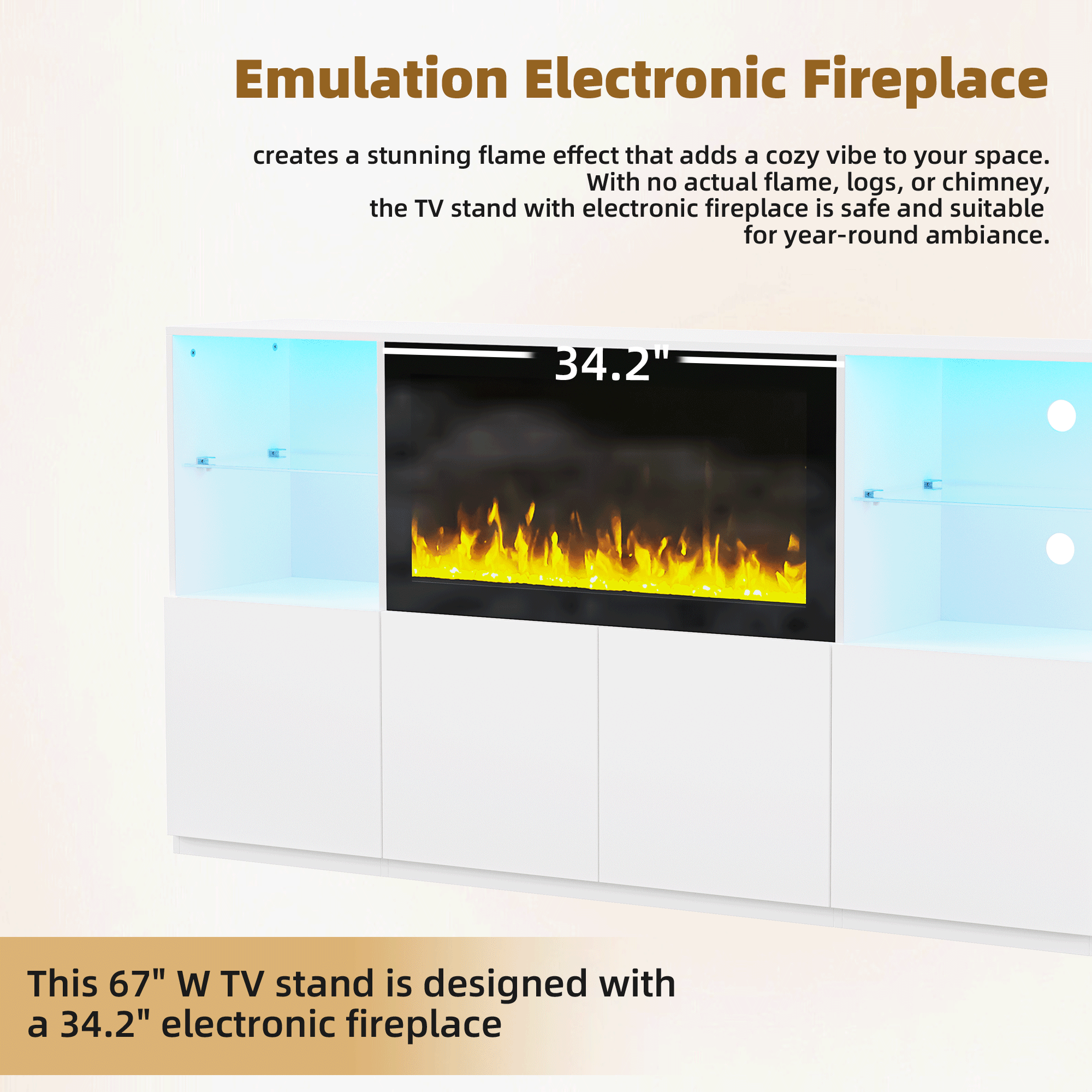 ON-TREND Modern TV Stand with 34.2' Non-heating Electric Fireplace, High Gloss Entertainment Center with LED Lights, Media Console with Tempered Glass Shelves for TVs up to 75', White