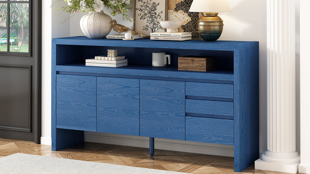 U_Style 60' 3-Door Sideboard with 3 Drawers - Modern Solid Ash Veneer MDF Sideboard, Semi-Open Shelf & Center Semi-Circular Cutout in Back Panel, Large Storage Cabinet for Living Room, Hallway, Dining