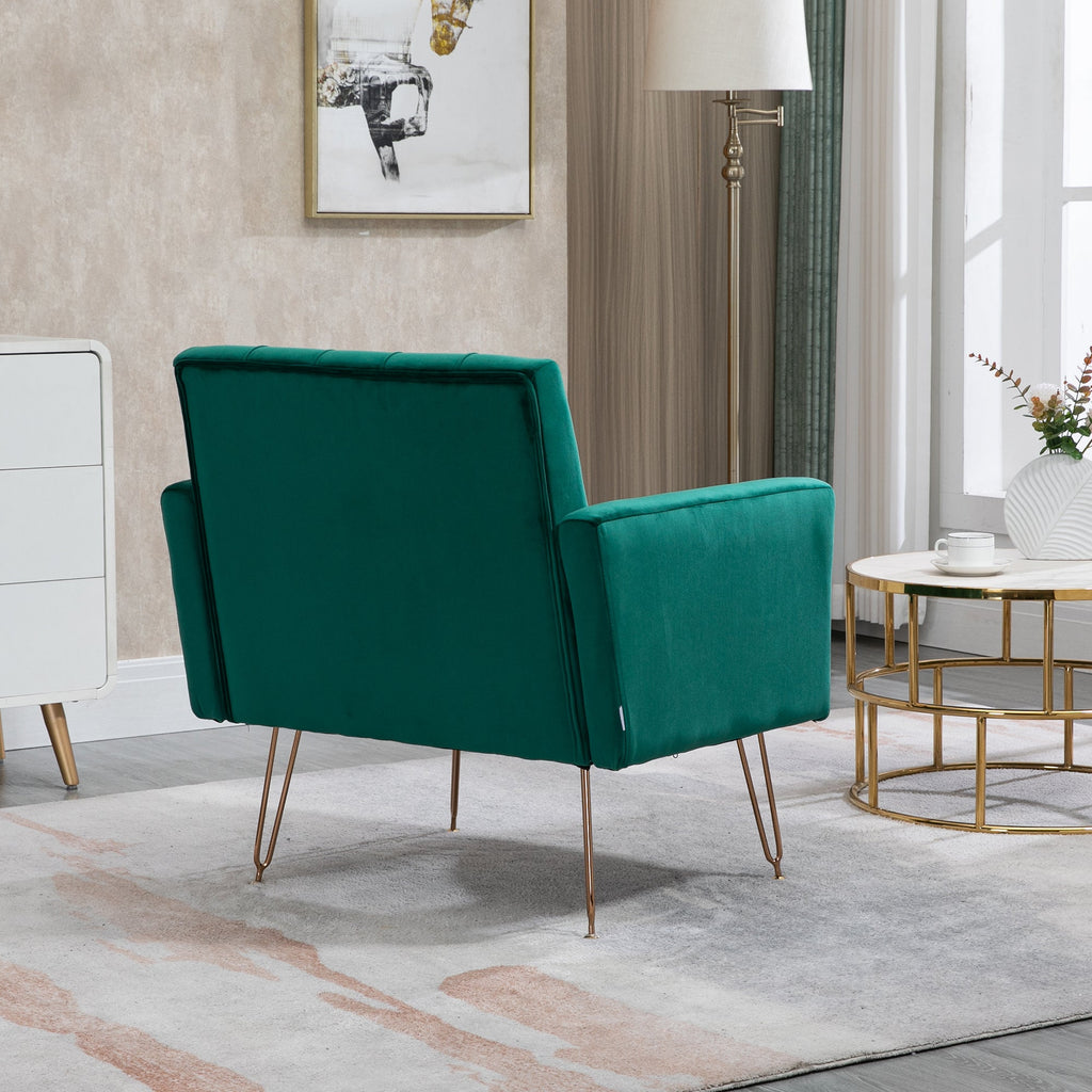 COOLMORE Velvet Armchair Single Sofa Modern Tufted Upholstered Side Reading Chairs with Arm and Gold Metal Leg for Living Room Bedroom (Green)