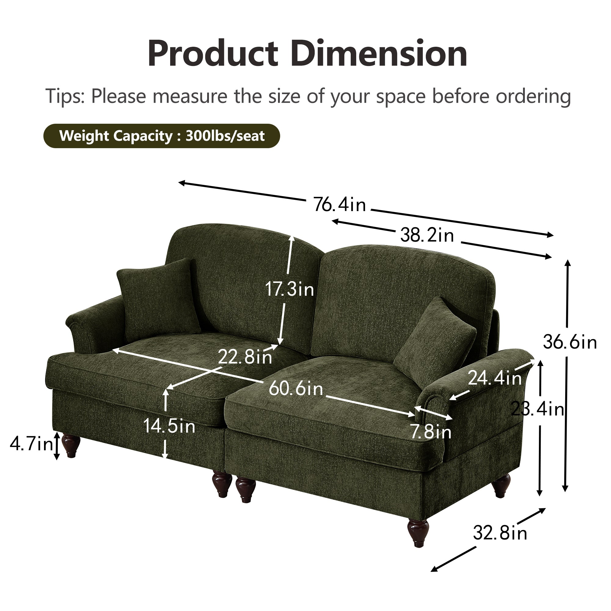 Classic 2 Piece Modular Couch Living Room Sofa Set with Flared Arms and Removable Ruffles Pleats Skirts and Spindle Legs, 2 Seater Sofa + 2-Seat Loveseat Sofa Sets for Living Room,Green