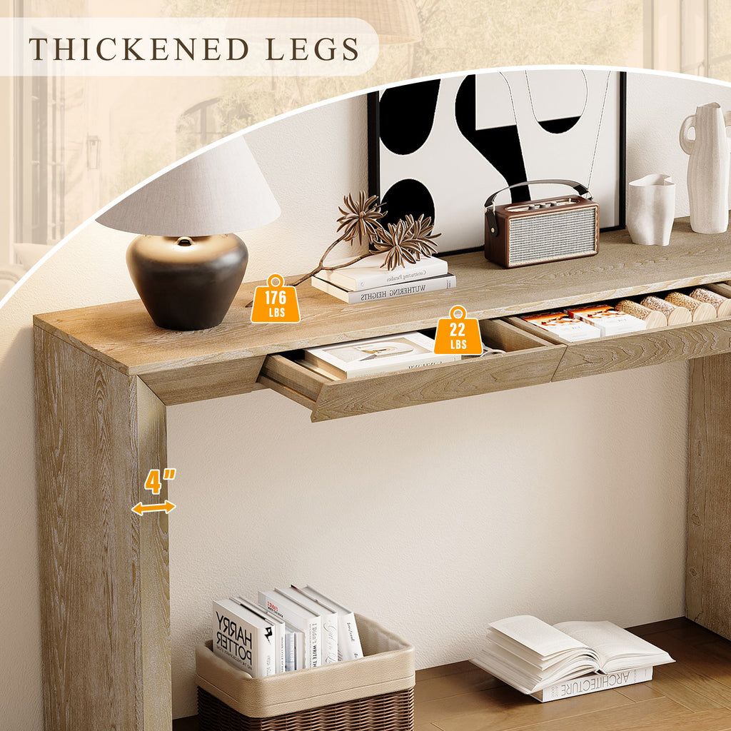 TREXM 60' Modern Farmhouse Console Table with 2 Concealed Drawers, Waterfall Design Entryway Table with Thickened Legs & Rustic Wood Grain for Living Room, Entryway & Hallway (Natural)