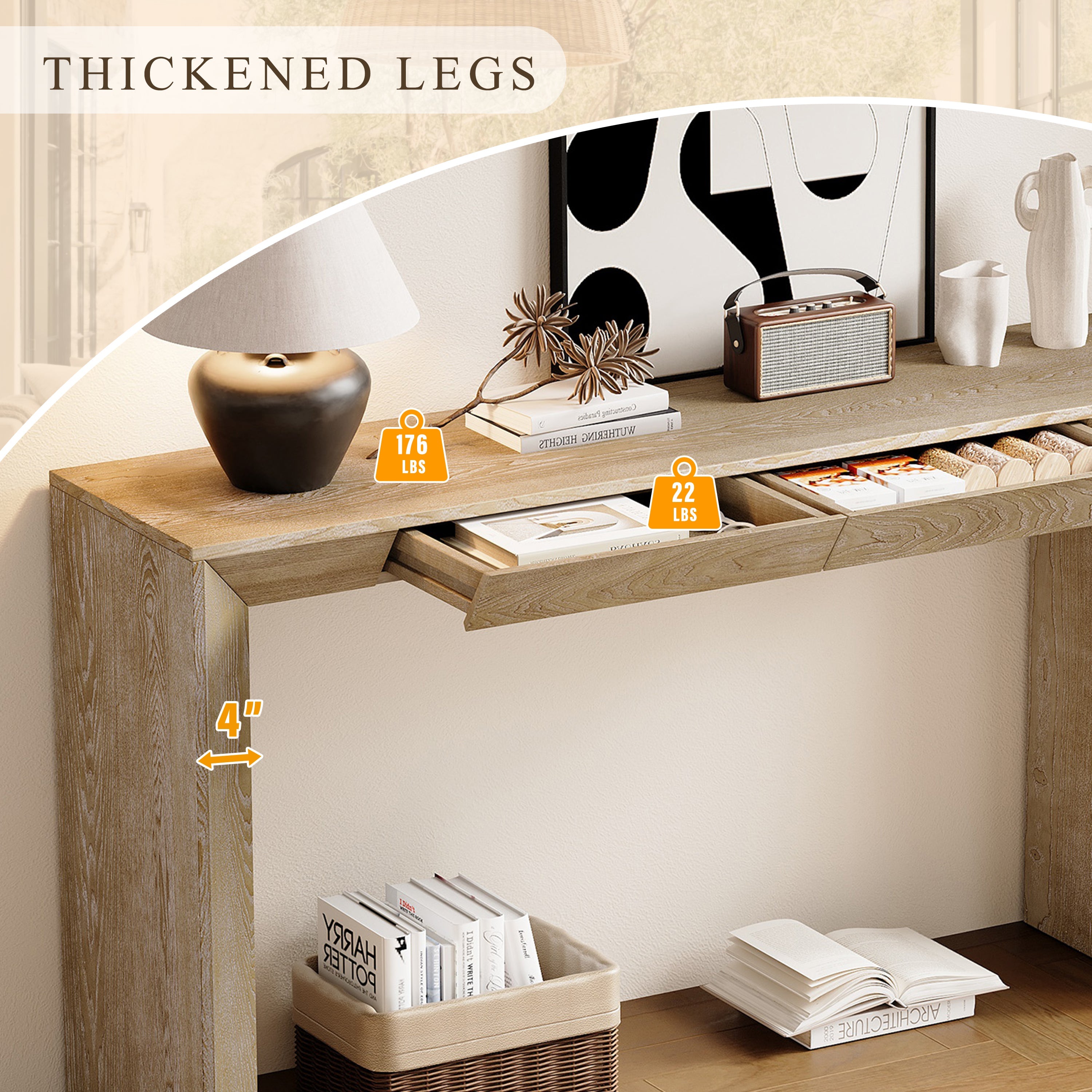 TREXM 60' Modern Farmhouse Console Table with 2 Concealed Drawers, Waterfall Design Entryway Table with Thickened Legs & Rustic Wood Grain for Living Room, Entryway & Hallway (Natural)
