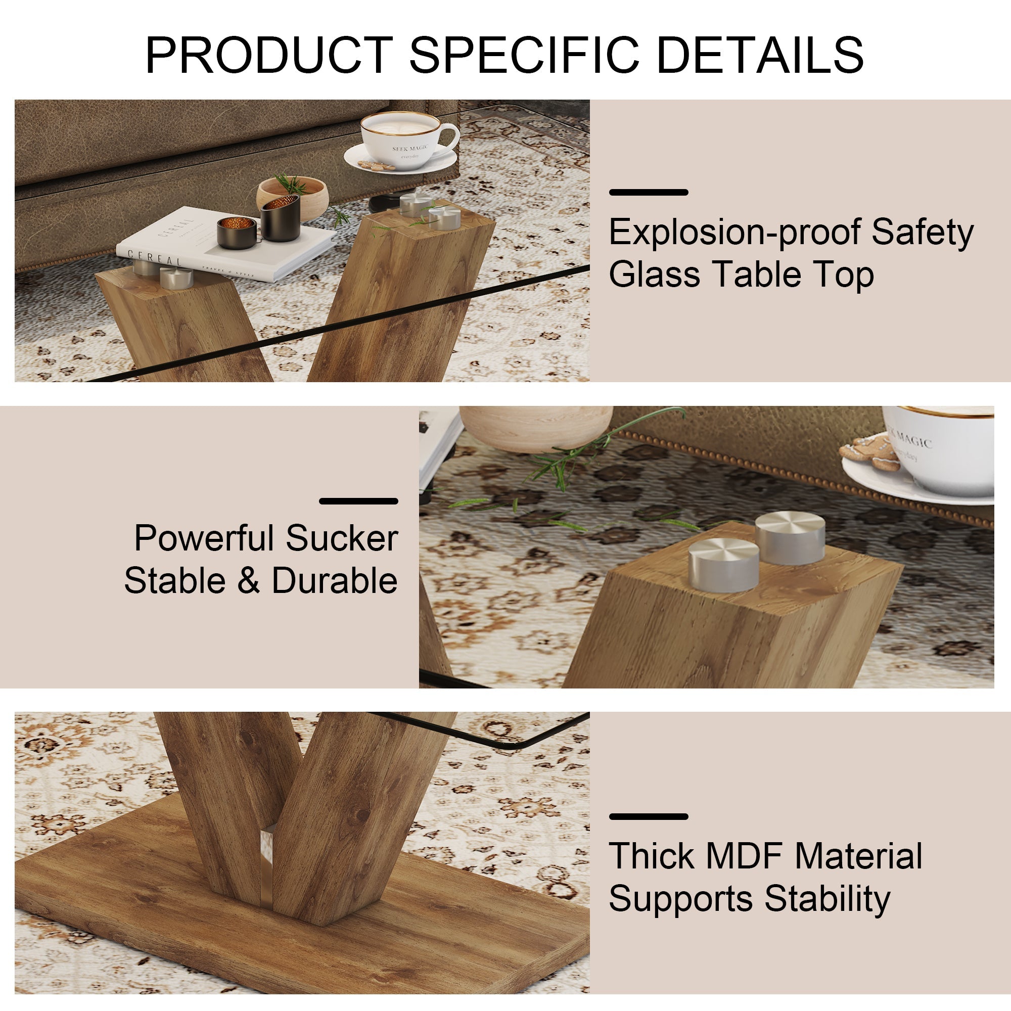 A modern minimalist style coffee table. Transparent tempered glass tabletop with wooden MDF columns. Suitable for living room and dining room.  CT-V