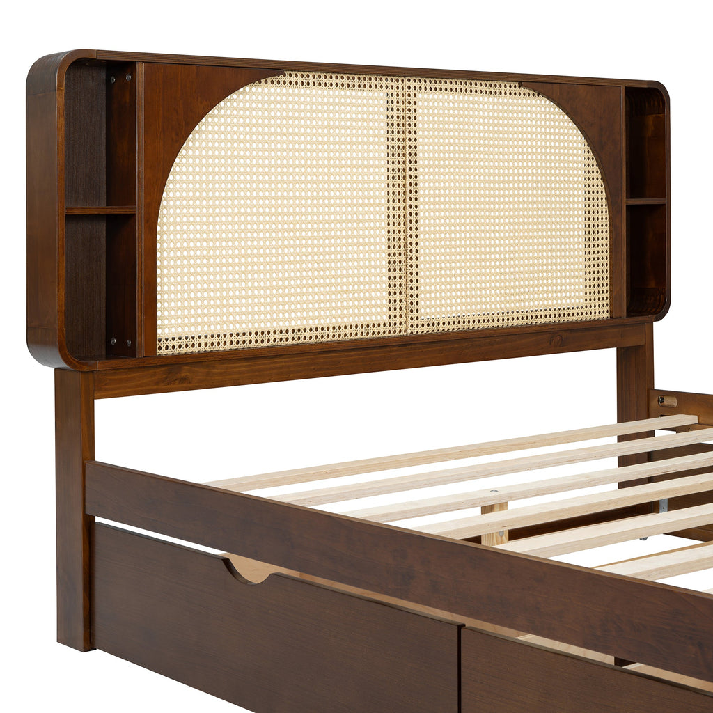 Queen Size Rattan Headboard Bed with Two Drawers and Trundle, Walnut