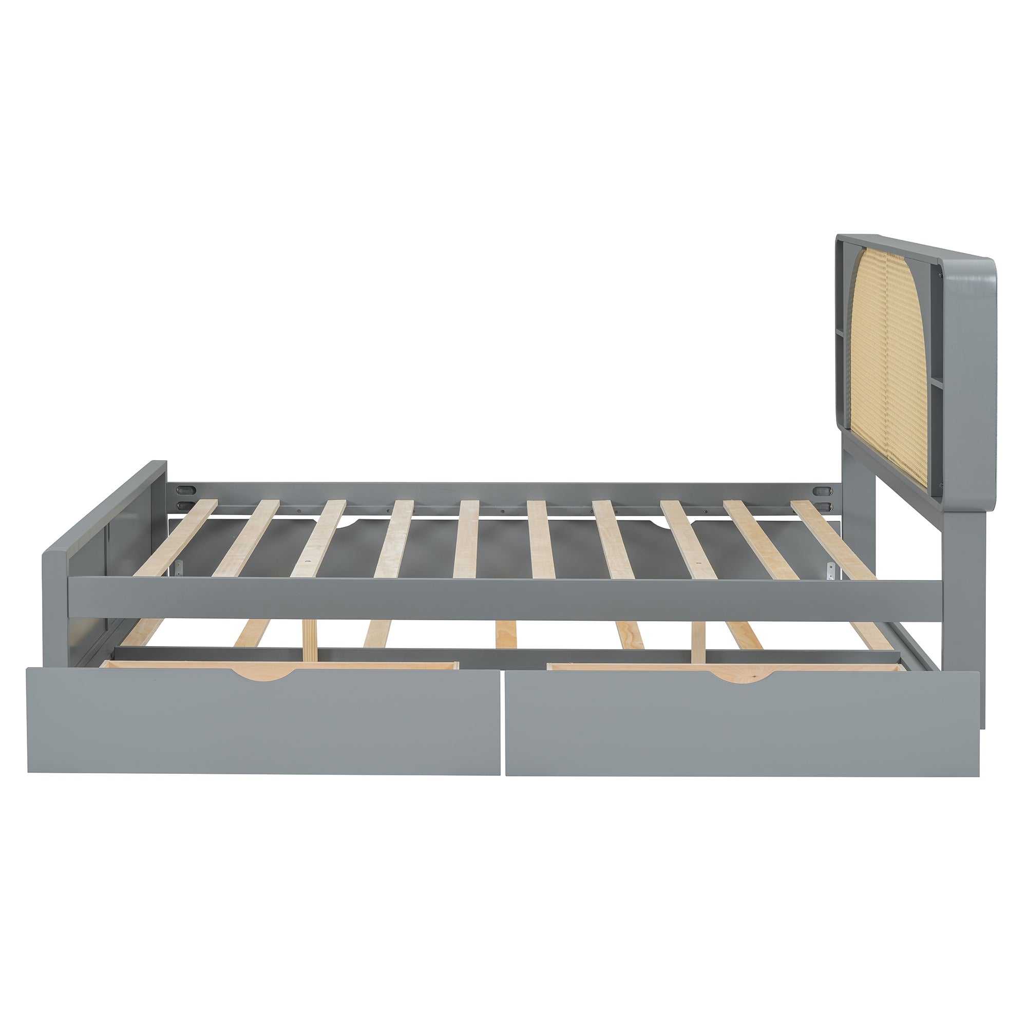 Queen Size Rattan Headboard Bed with Two Drawers and Trundle, Gray