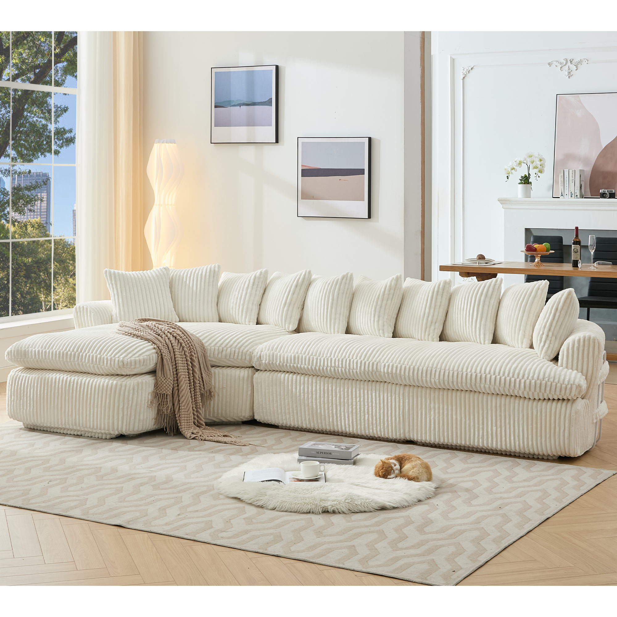 127''  Large Sectional Sofa ,Elegant Curved Design ,High-Resilience Foam ,Ten Back Cushions,L-Shape Left Sofa,No Assembly  Required , (Beige-Soft Corduroy Fabric)
