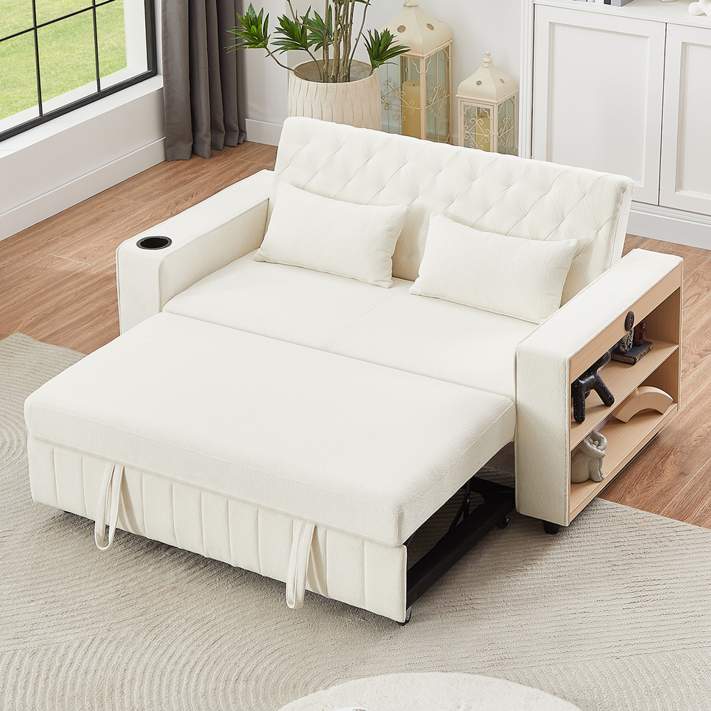 61.4' Pull-out Sofa Bed Convertible Couch Loveseat Sofa Modern Sleeper Sofa with Adjustable Backrest for Living Room, Beige