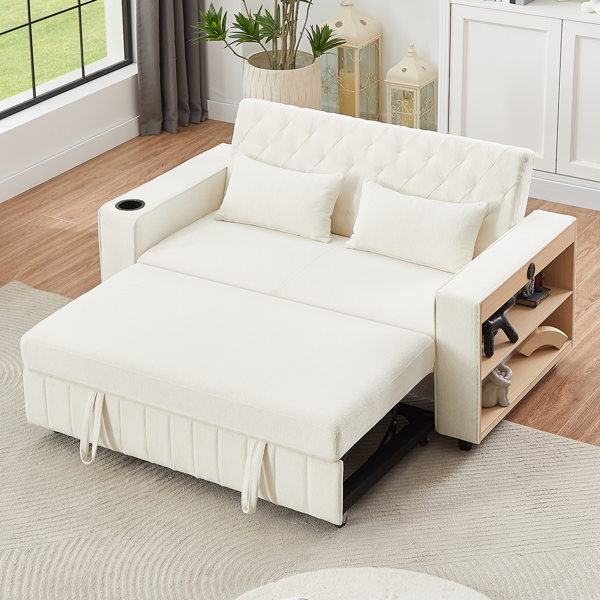 61.4' Pull-out Sofa Bed Convertible Couch Loveseat Sofa Modern Sleeper Sofa with Adjustable Backrest for Living Room, Beige