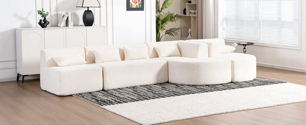 144' Upholstered Sofa Free-combined Sofa Couch with Two Chaise Lounge and Five Back Pillows for Living Room(Old SKU: N719S001600A), Beige