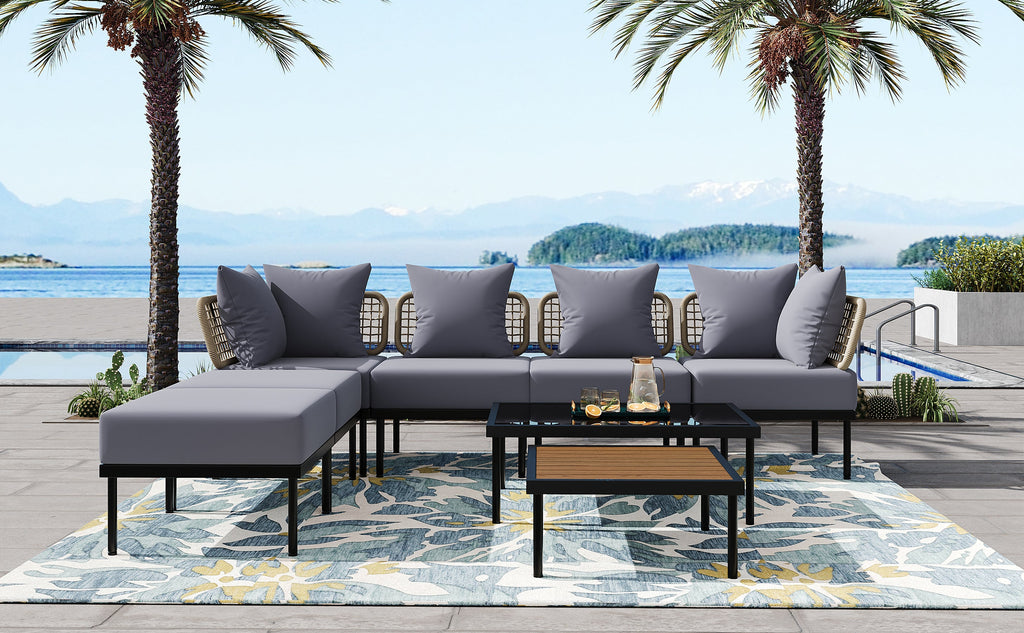 TREXM 8-Piece Patio Sectional Sofa Set with Tempered Glass Coffee Table and Wooden Coffee Table for Outdoor Oasis, Garden, Patio and Poolside (Light Grey Cushion + Black Steel)