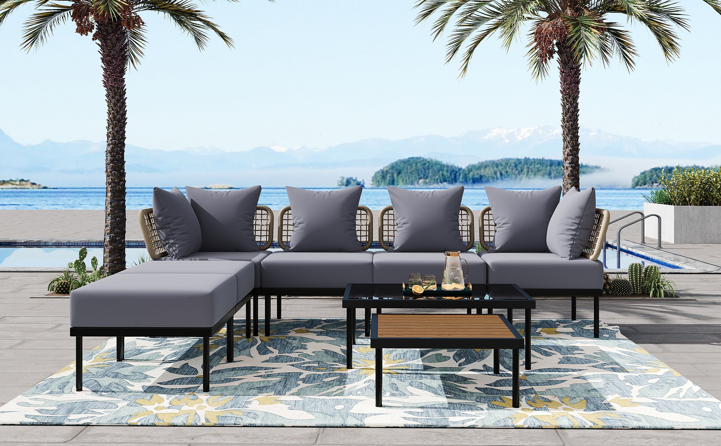 TREXM 8-Piece Patio Sectional Sofa Set with Tempered Glass Coffee Table and Wooden Coffee Table for Outdoor Oasis, Garden, Patio and Poolside (Light Grey Cushion + Black Steel)