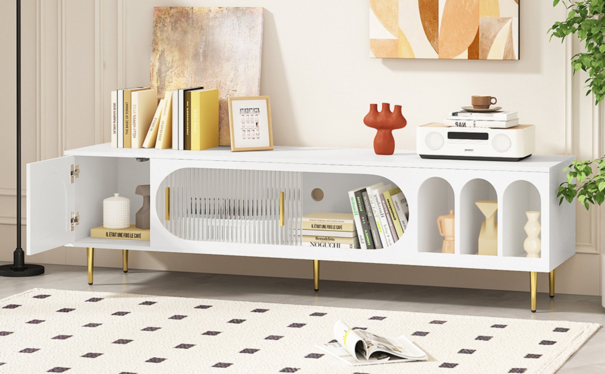 U-Can Modern TV Stand for up to 70 Inch TV, Entertainment Center TV Media Console Table, with 3 Shelves and 2 Cabinets, TV Console Cabinet Furniture for Living Room (Old SKU: WF314645AAK)
