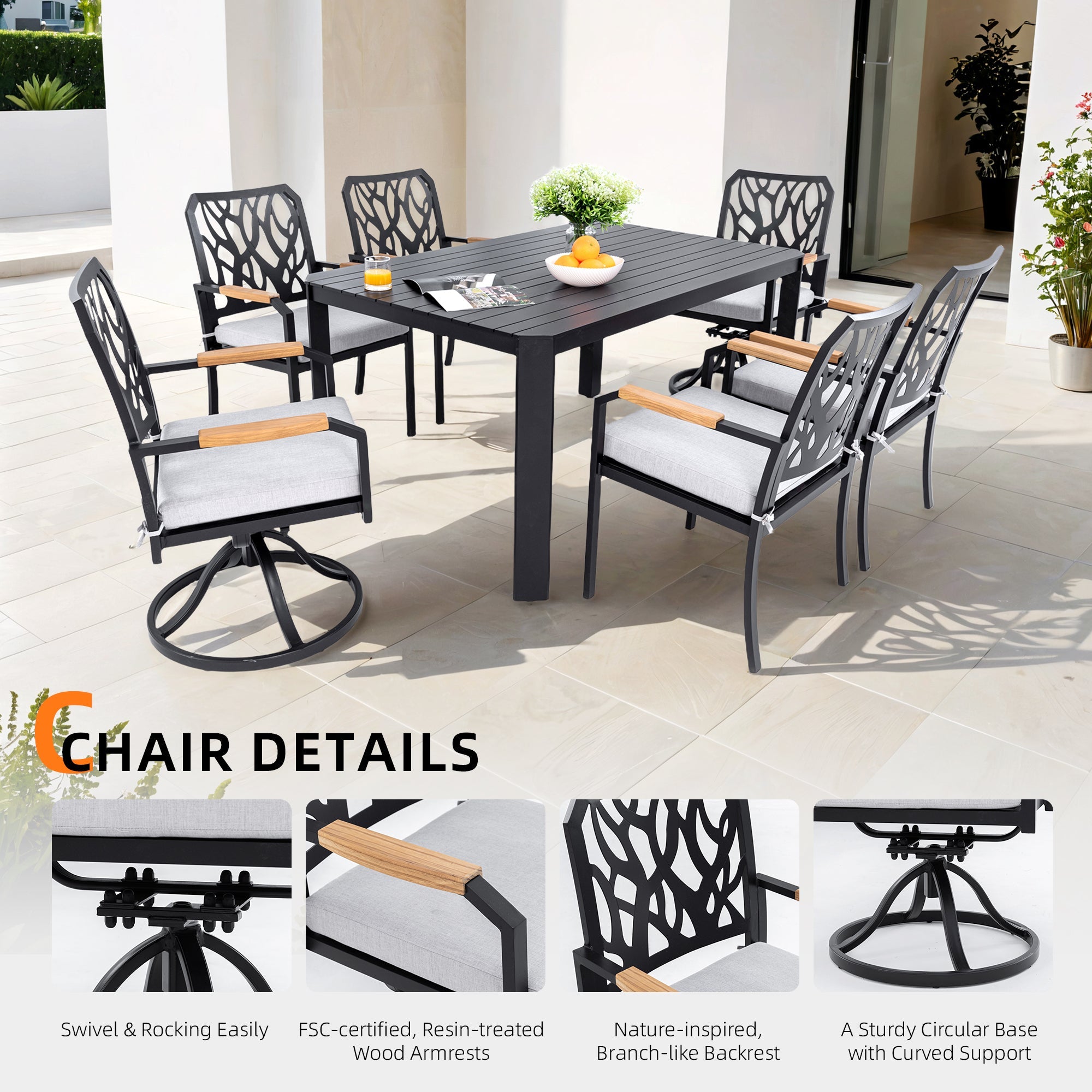 7-PC Outdoor Patio Aluminum Furniture Set, with 4 Dining Chairs & 2 Swivel Rockers Sunbrella Fabric Cushioned, Nature-Inspired Branch-Like Backrest, Rectangular Table with Umbrella Hole,Bourbon Brown