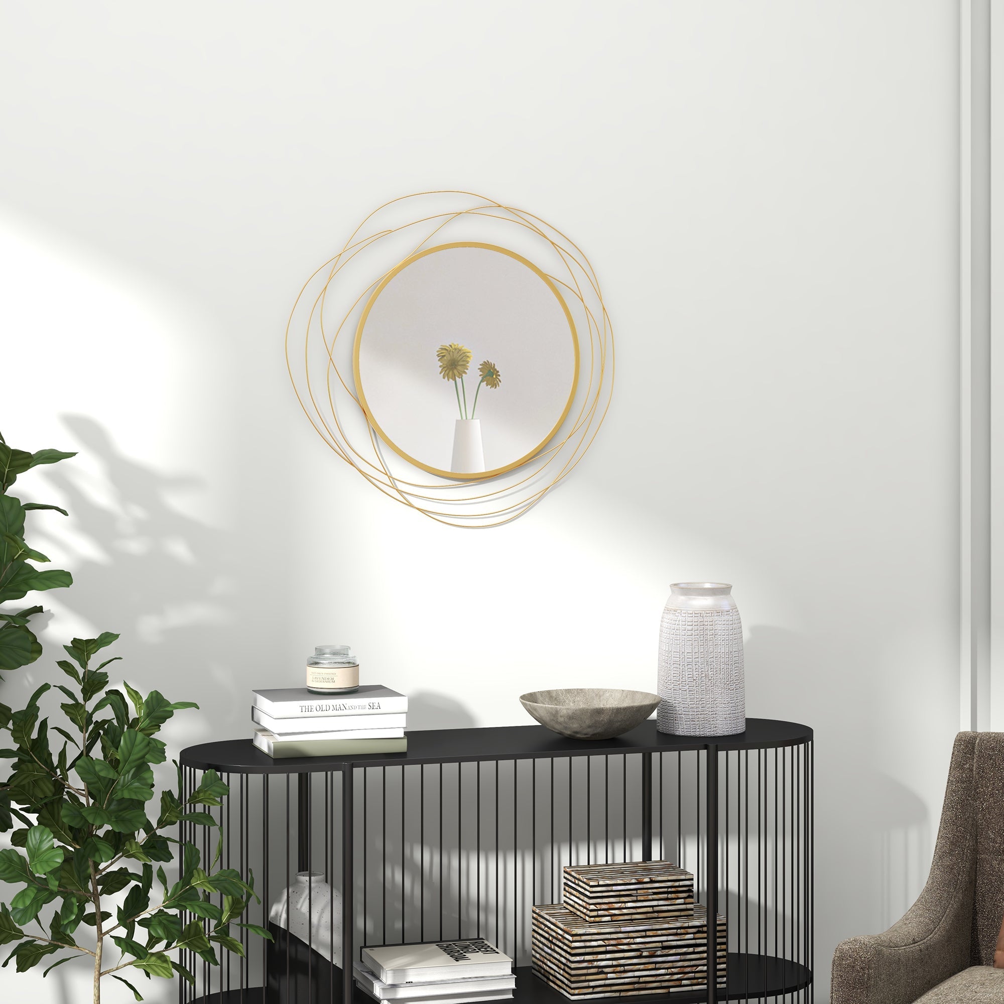 HOMCOM Metal Wall Art Modern Mirror Decor Home Hanging Wall Sculptures for Living Room Bedroom Dining Room, Gold